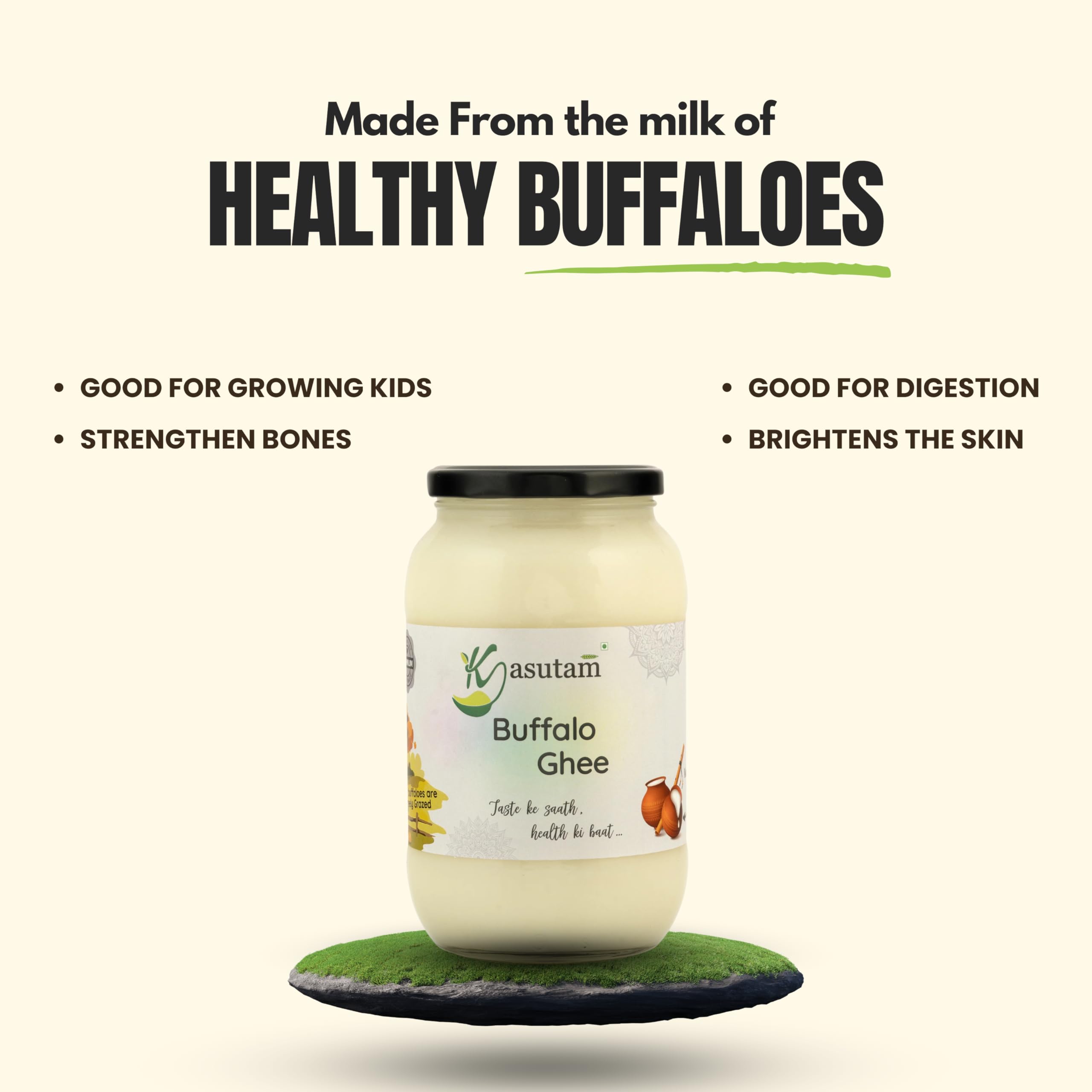 Kasutam A2 Desi Buffalo Bilona Ghee, hergestellt nach traditioneller vedischer Bilona-Methode, hergestellt im Erdtopf und handgebrühtem Grasfutter, Büffelghee, Immunitätsverstärker-Glas, 1000 ml