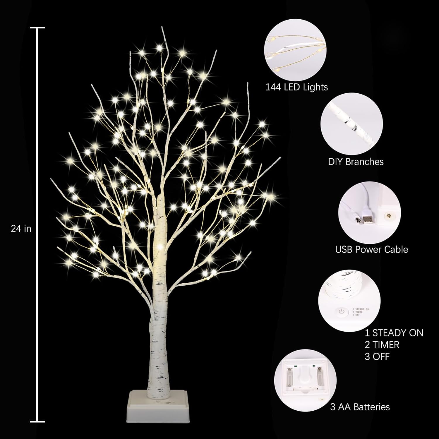 Lighted Trees for Indoor Decor with Timer, 144 LED 2FT White Light up Birch Tree Tabletop Lamp for Birthday Thanksgiving Wedding Decor, Small Christmas Tree with Lights - Image 8