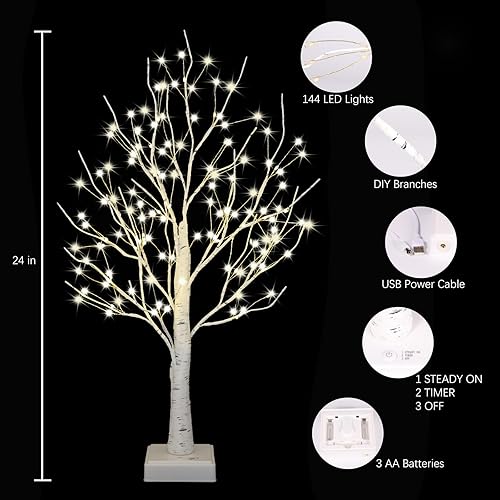 Miniatura 4 de Árbol artificial de 2 pies con lámpara de mesa de luz LED, árbol de Navidad de color RGB para decoración de cumpleaños, boda, fiesta (abedul blanco