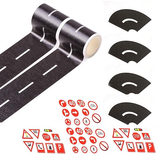 EKIND Play Tape - Juego de 2 rollos de cinta de carretera negra de 16.4 x 2 pulgadas, 4 piezas de curvas negras apretadas de 2 pulgadas, 40