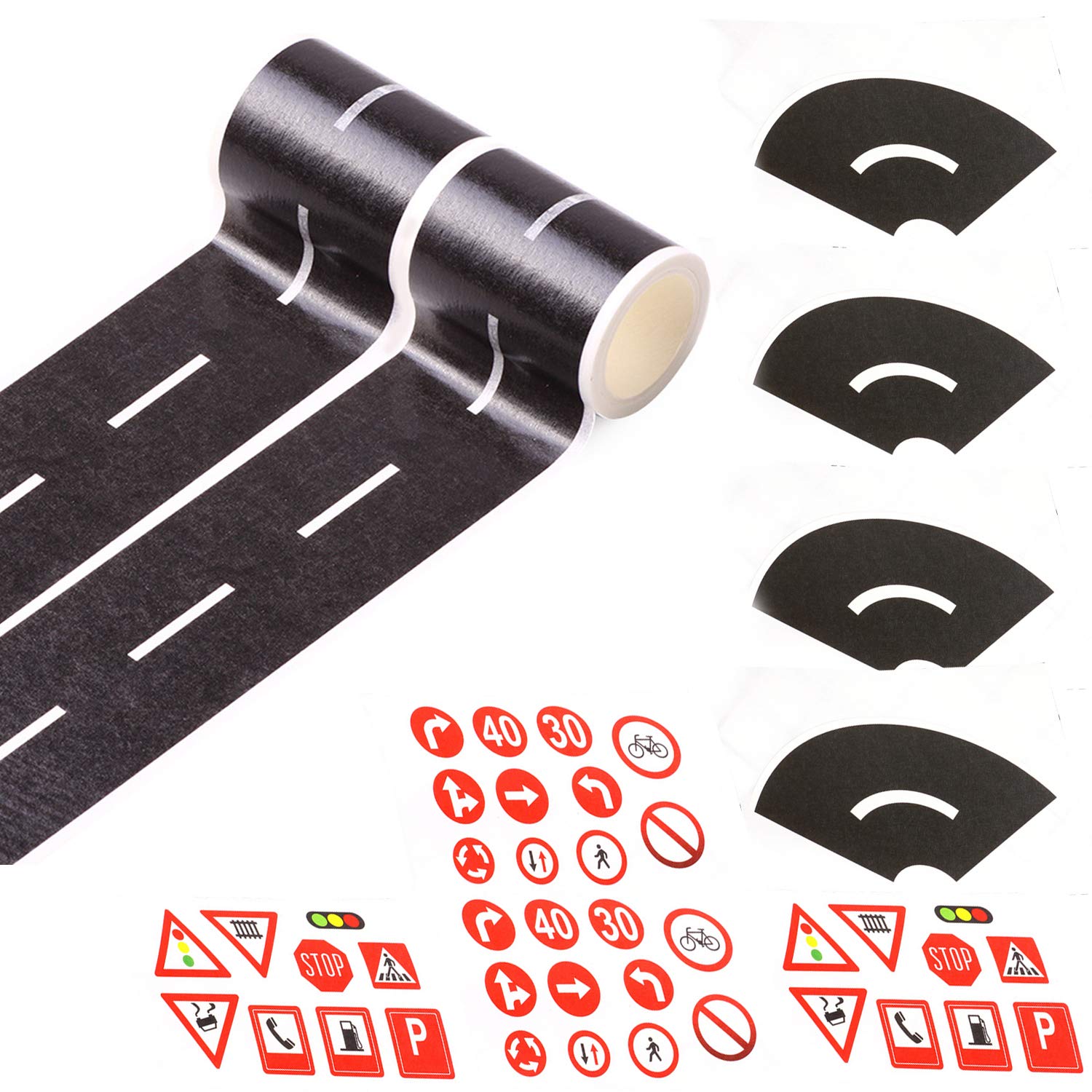 EKIND Black Road Sets 2 Rolls 16.4'X2 Straight Track Sticker Tape, 4 Pcs 2" Black Tight Curves, 40 Die Cut Traffic Sign Stickers, for Toy Car DIY Traffic Road Adhesive Removable Tape (Set A)