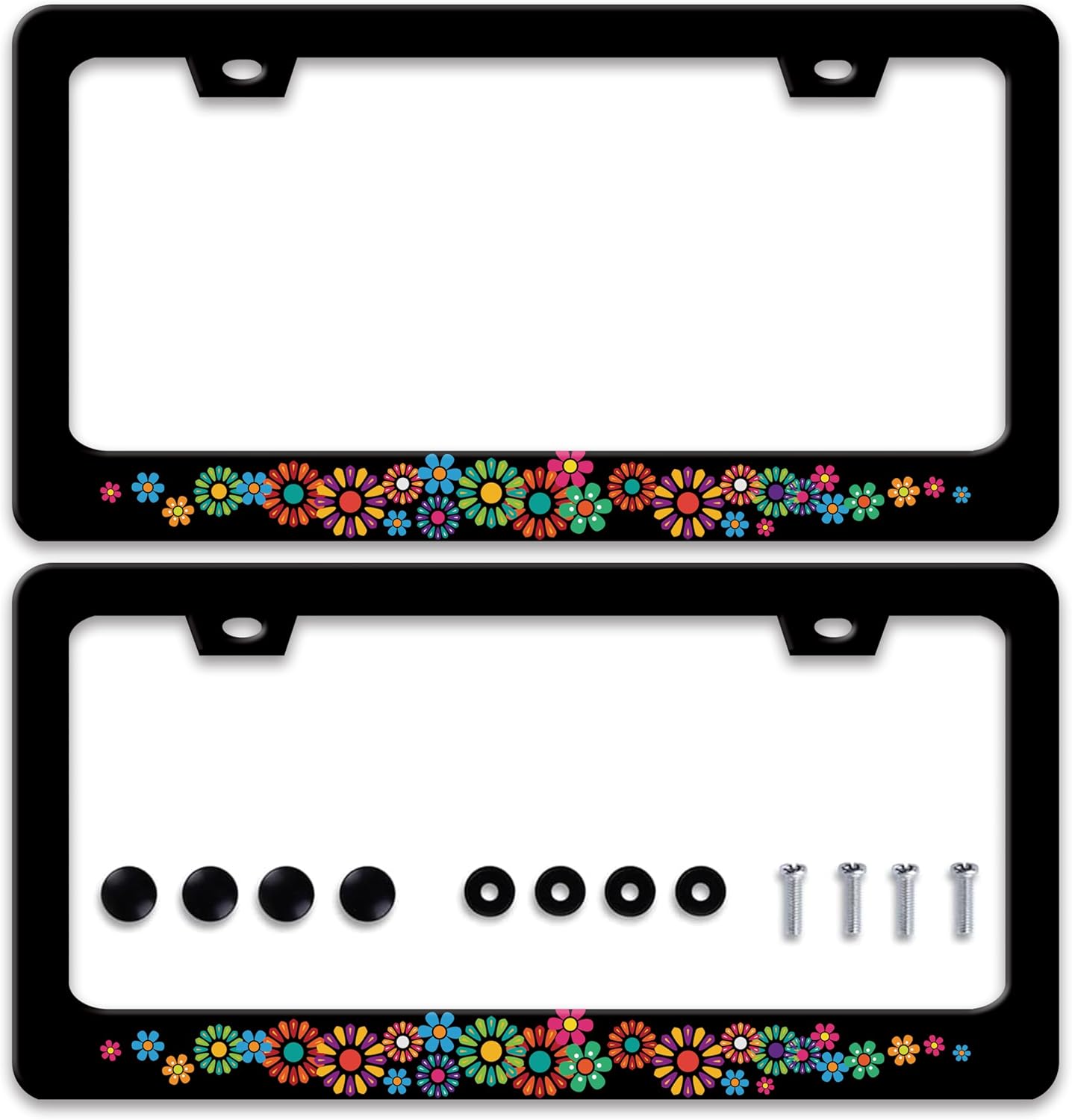 【2pcs】Colorful Hippie Flowers License Plate Frame Beautiful Floral License Plate Frames Stainless Steel Accessories Cars Decor With 2 Holes And Screws Fits Standard Us Ca Vehicles Size 12.2 X 6 Inches