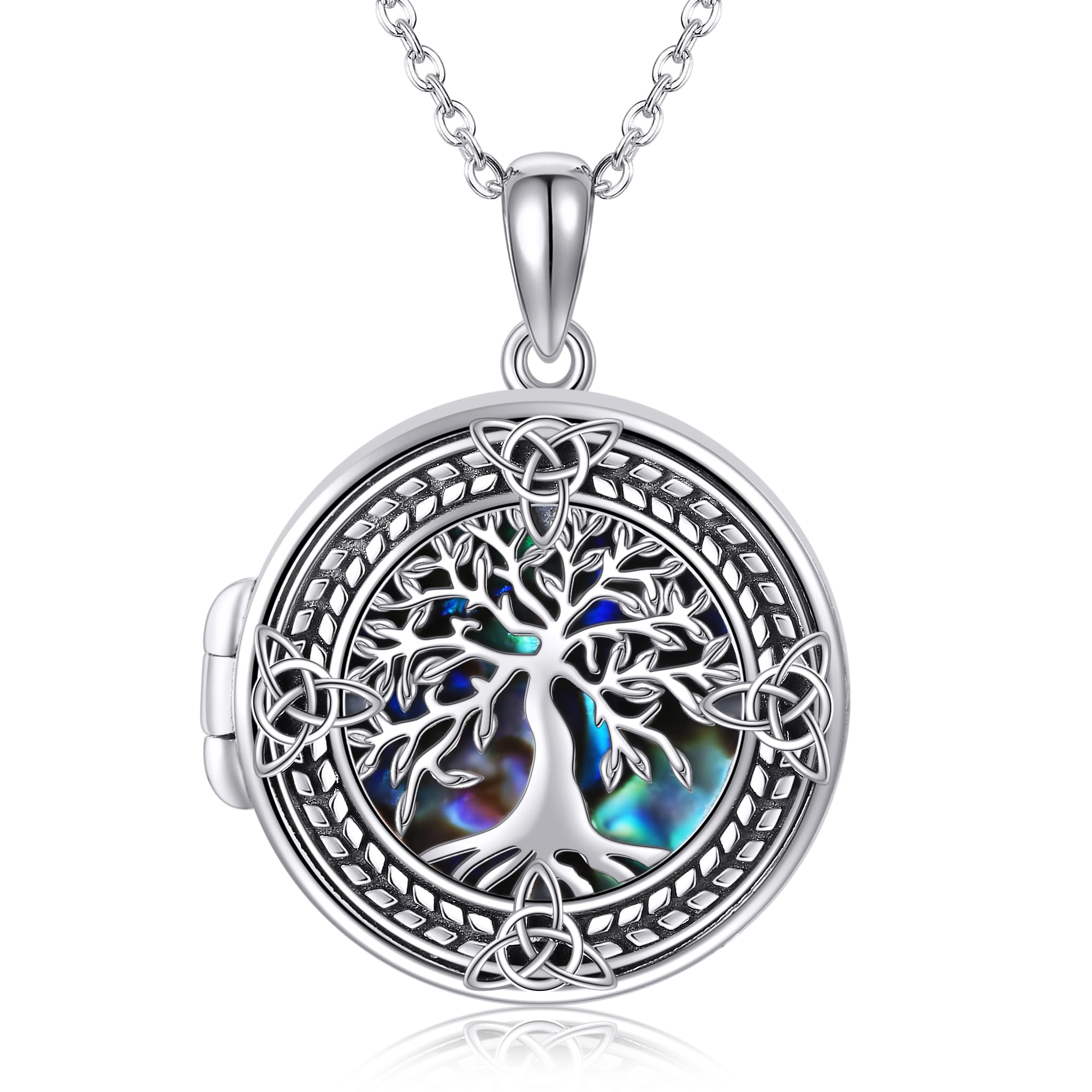 URONELocket Necklace for Women 925 Sterling Silver Abalone Shell Tree of Life Locket Pendant Necklace That Holds Pictures Silver Locket Jewelry