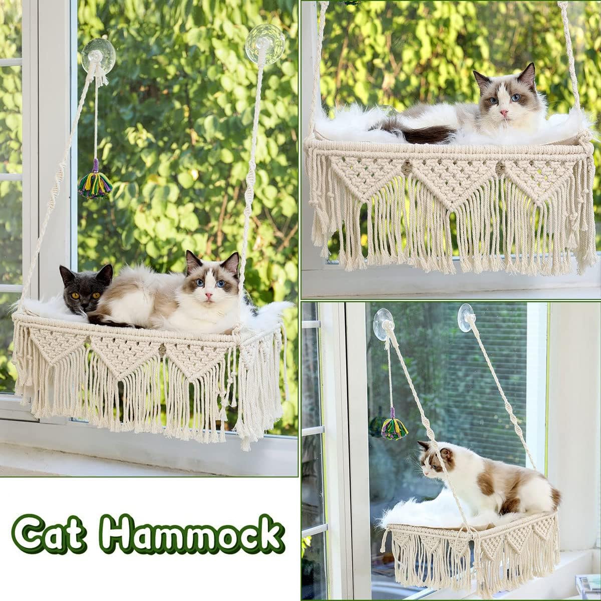 review Macrame Cat Window Perch Hammock Boho Cat Window Bed with Woven Tassle Wall Mounted Pet Resting Seat Bed for Indoor Cats Safety Space with Screw Suction Cups, Gift Idea