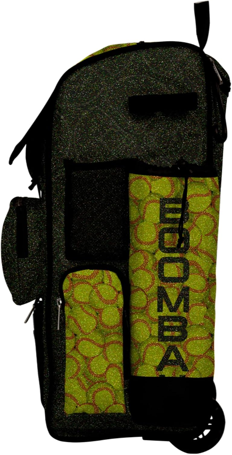 Boombah Rolling Superpack Baseball/Softball Gear Bag - Telescopic Handle - Holds 4 Bats - Wheeled Version - Softball Optic Black Glitter Black/Optic Yellow/Red