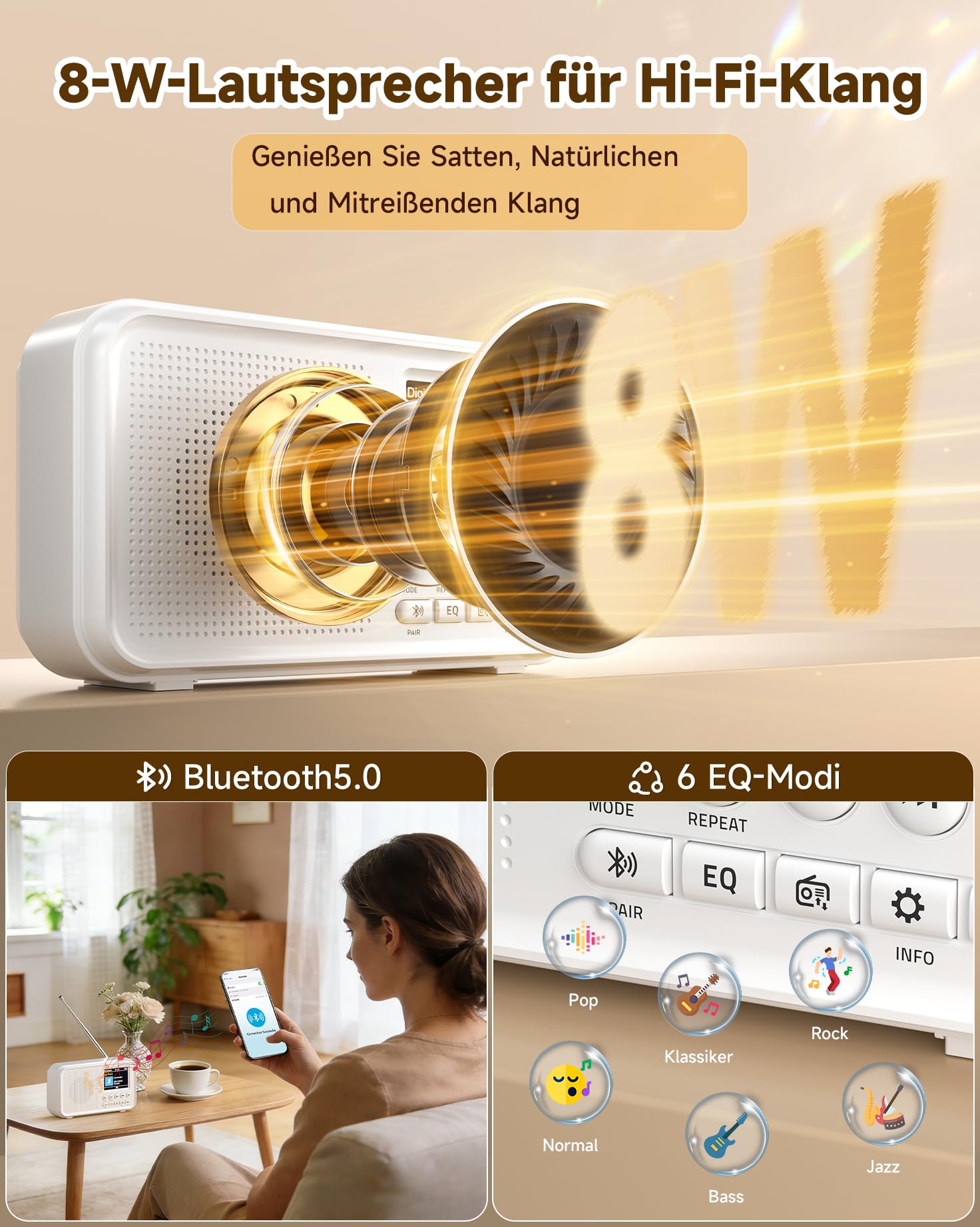 Roxicosly Radio portatile DAB/DAB+, 80 preimpostazioni, radio digitale FM con batteria da 3000 mAh, radio da cucina con Bluetooth 5.0, modalità EQ, timer, snooze, porta AUX TF/3,5 mm, doppio allarme