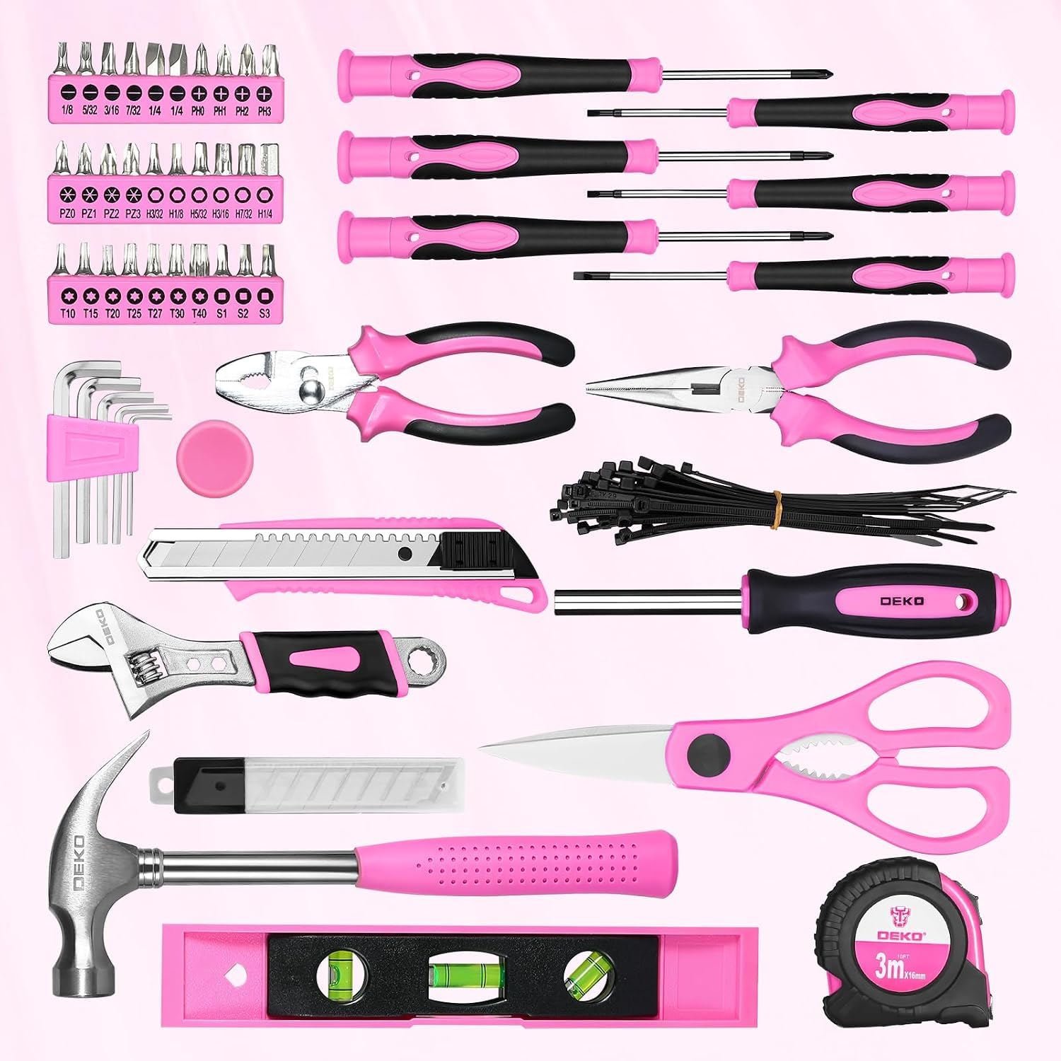DEKO Juego Herramientas Rosa 110 Piezas, Kit de Herramientas básico para Damas para mujer con Bolsa de Transporte Fácil, para Bricolaje y Reparaciones Diarias