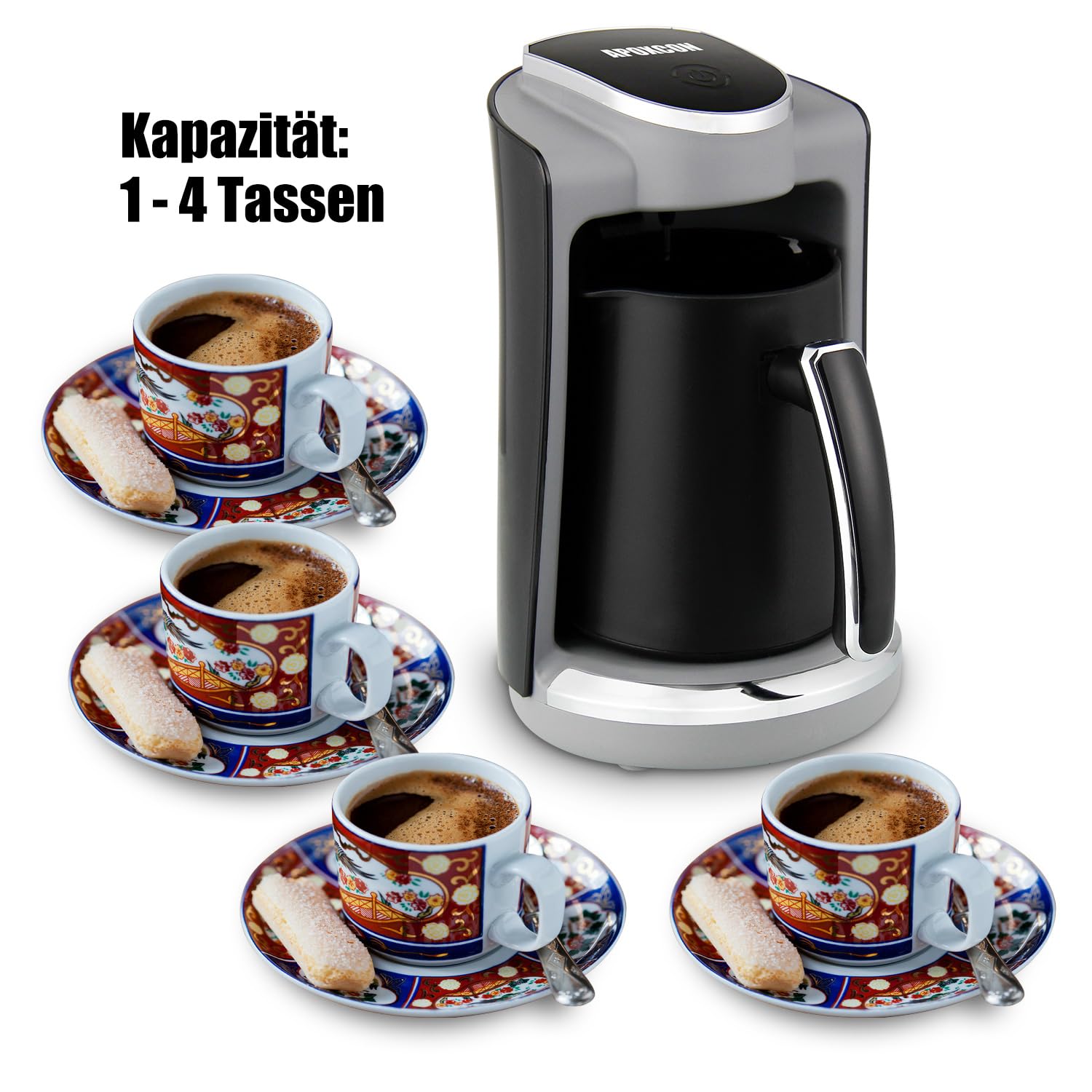 APOXCON Automatische Elektrische Türkische Kaffeemaschine für 4 Tassen – 400W Edelstahl-Heizplatte mit Trockenkochschutz (250 ml)