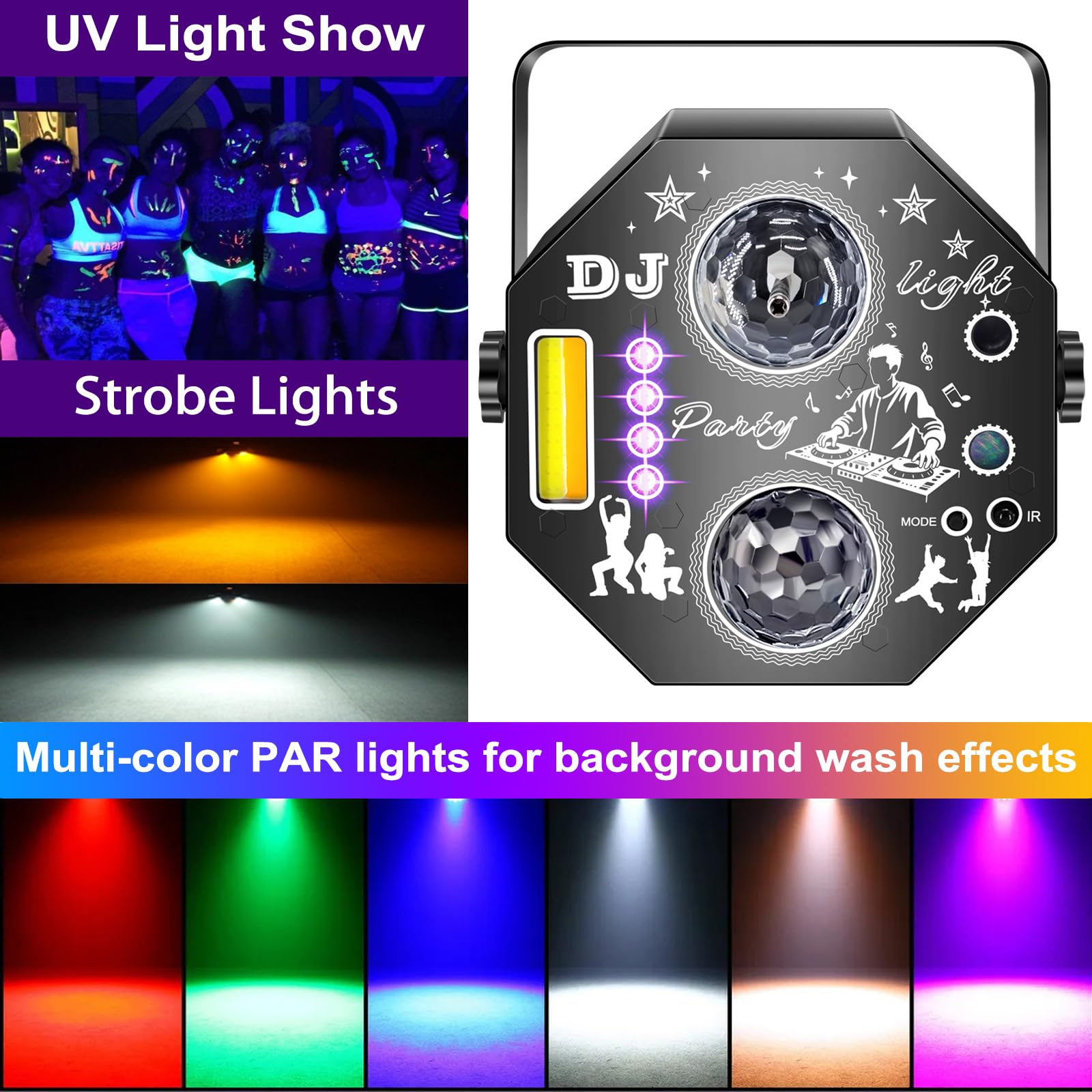Disco-Lichter für Partys, Sound Aktivierte Partylichter mit Discokugel Stern Ozean Muster UV & LED PAR-Lichter RGB DJ Projektion mit Fernbedienung für Zuhause, Geburtstag, Karaoke, Hochzeit