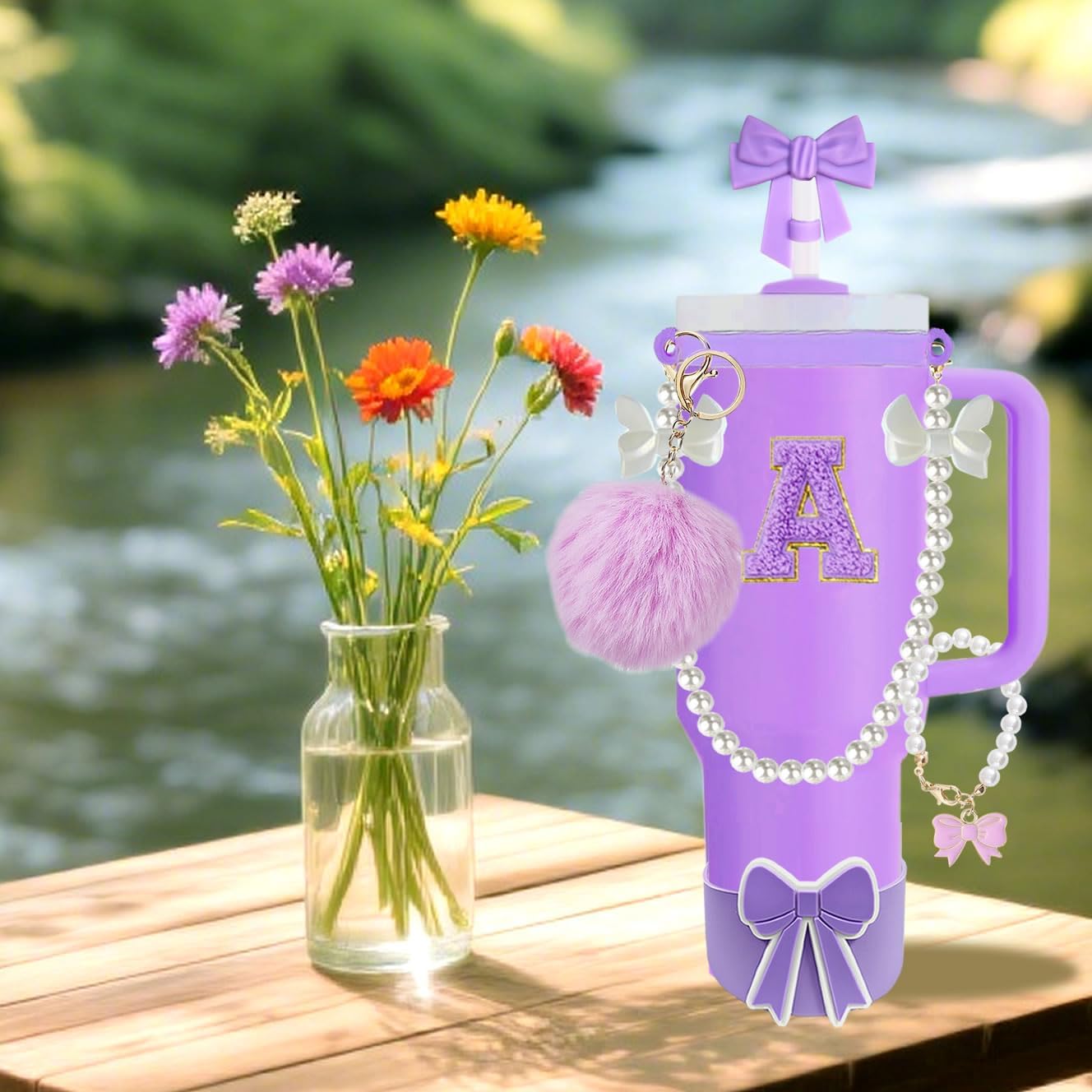 10PCS Purple Stanley Cup Accessories Set for 30oz 40oz Tumbler with Handle, Includes Pearl Strap, Bow Straw Topper & Boot, Decorations Charms, Letter Sticker, Spill Proof Stoppers(A, Purple) - Image 3
