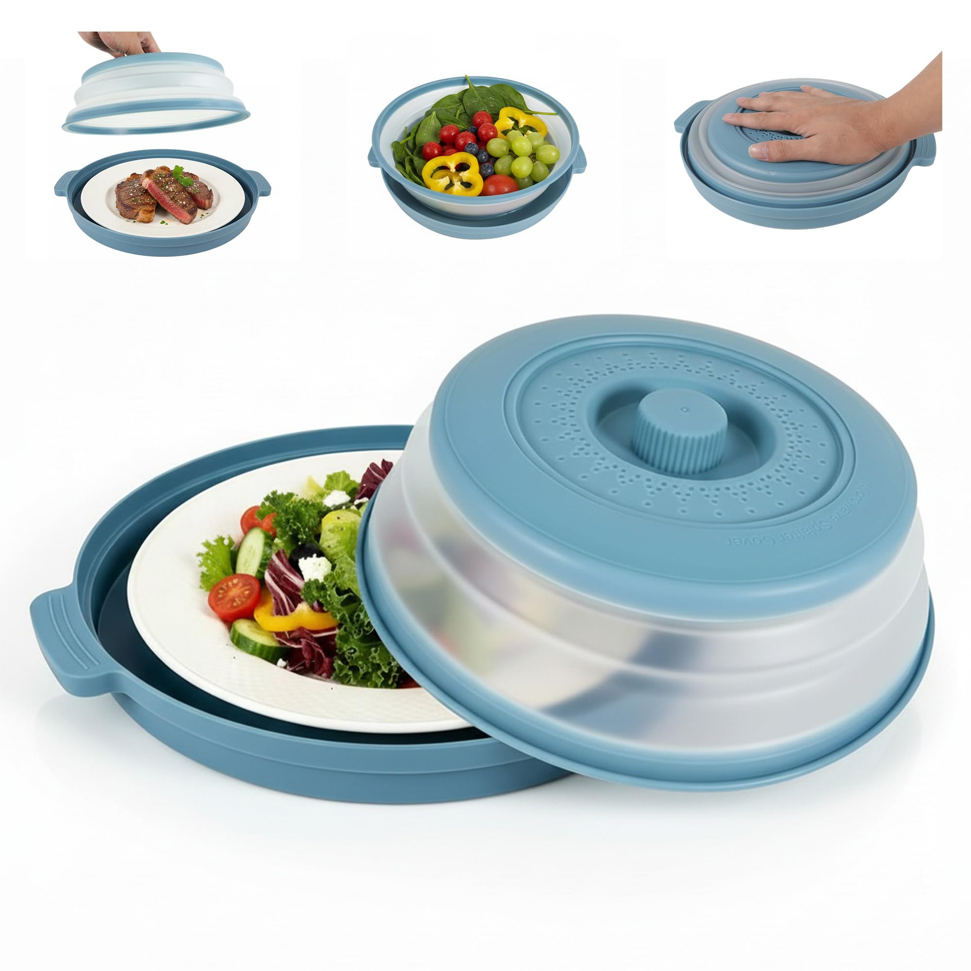 Collapsible Microwave Cover for Food, Microwave Plate Cover with Anti-Scald Base Mat, Vented Microwave Cover BPA Free, Kitchen Gadgets 2025 New 10.5 Inch Blue