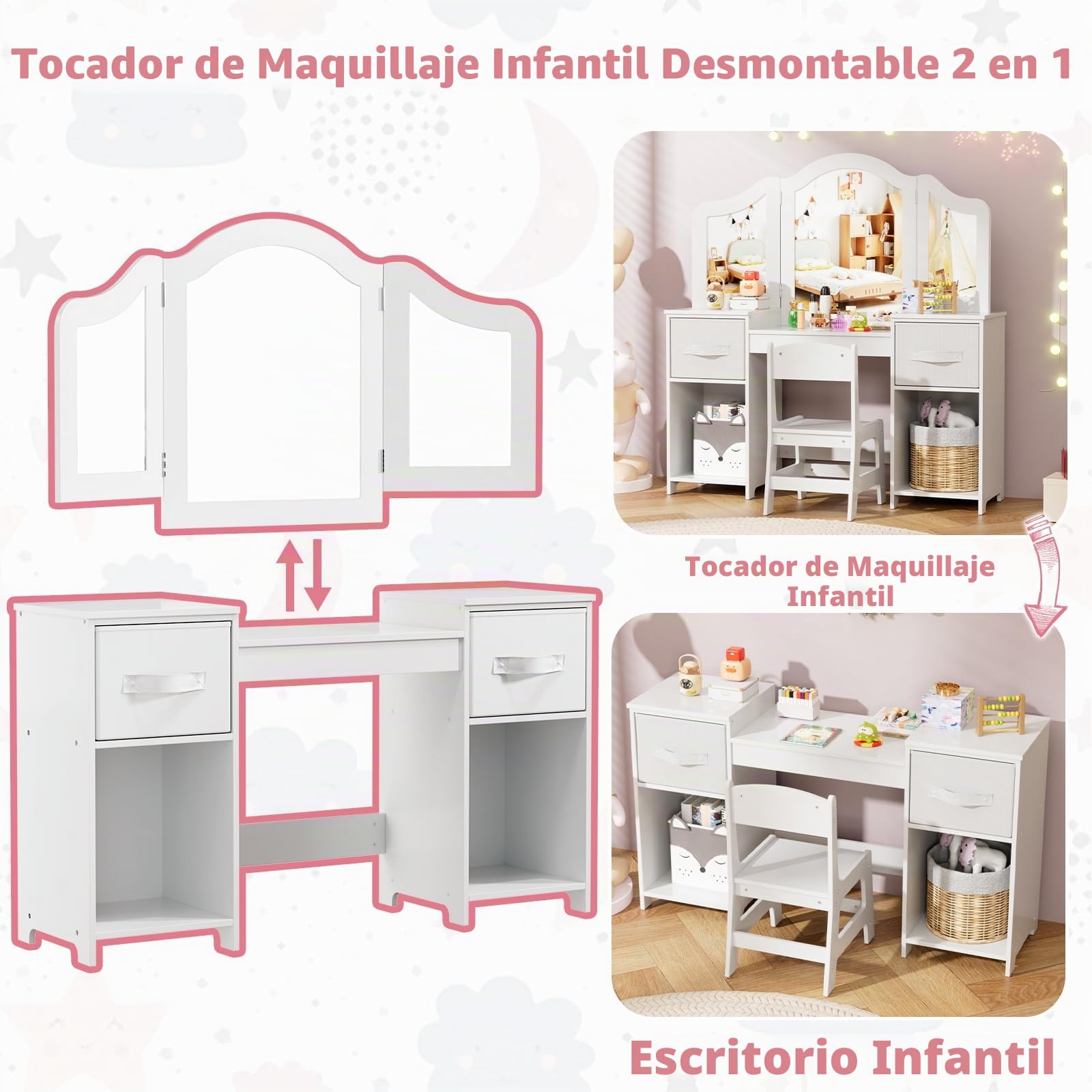 MAMIZO Tocador Infantil 2 en 1 con Espejo Extraíble, Tocador Madera Niña, Escritorio para Niños con Taburete, 2PCS Cajón de Tela, Tocadores Maquillaje Infantil 108x30x114 cm, Blanco