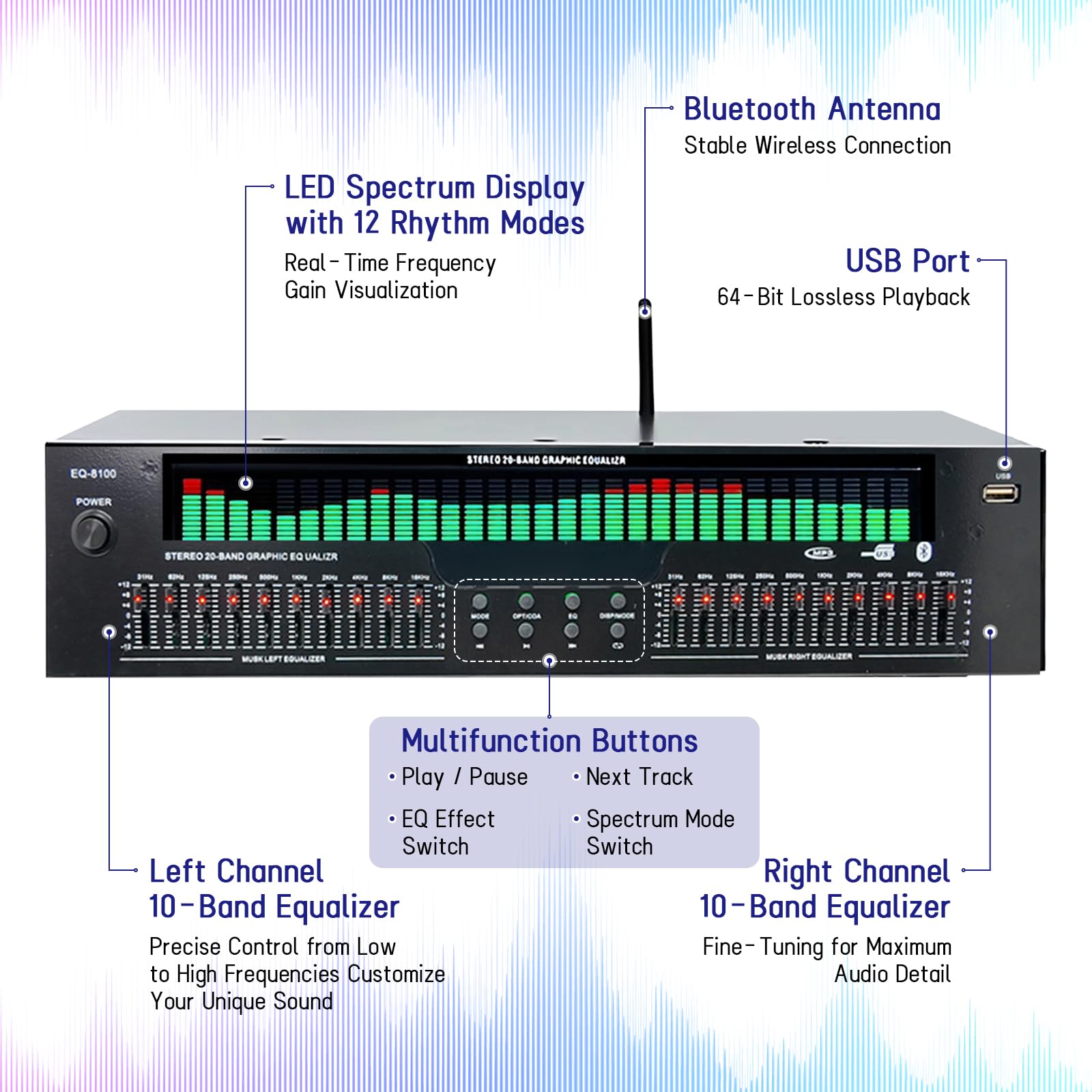 Ecualizador Digital 31 Bandas, Visualizador de Audio con Pantalla LED de Espectro, Ecualizador Gráfico Profesional con 31 Canales Dinámicos, Doble Control Sonido Independiente de 10 Bandas, Procesador