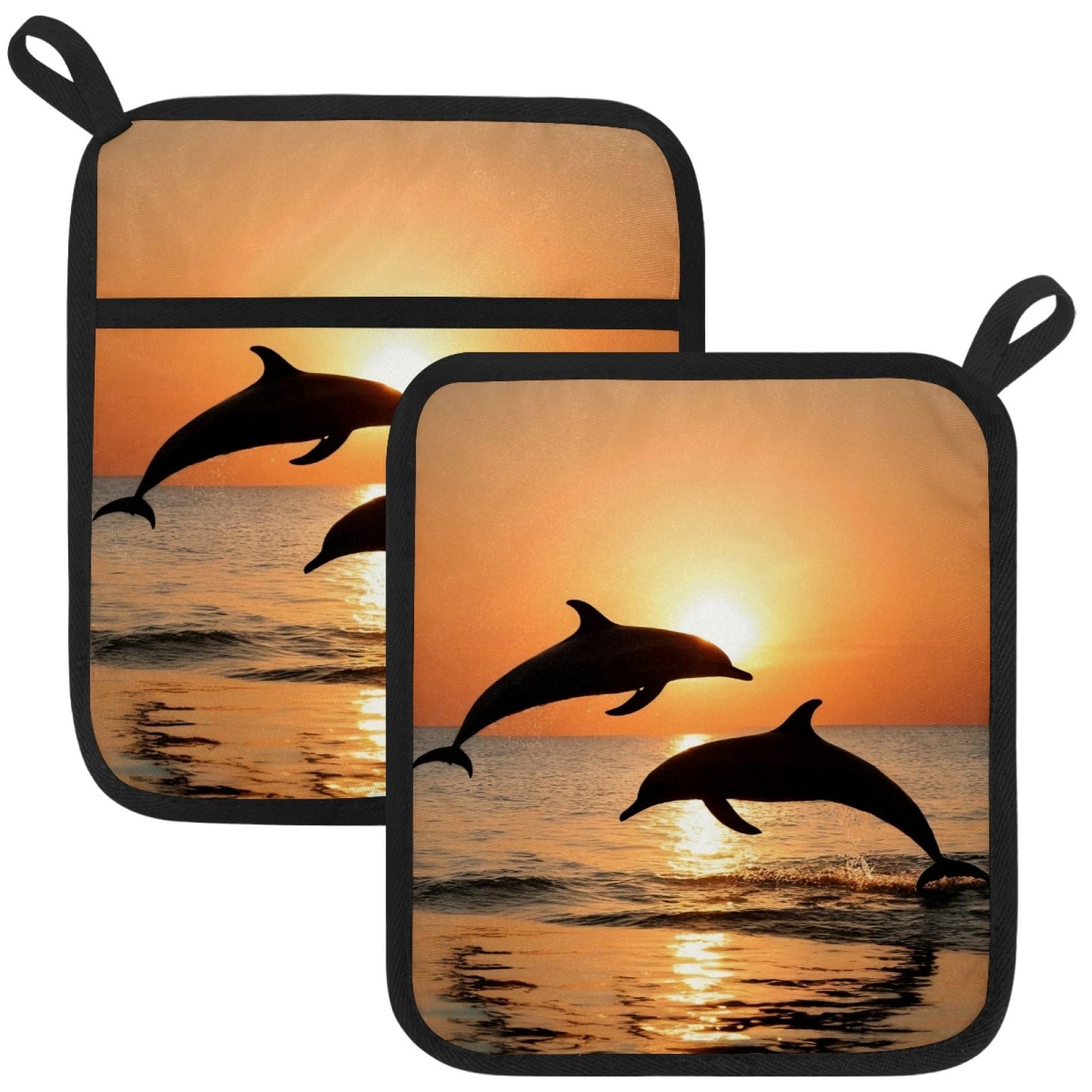VAPOKF Dolphin Sunset Pot Holders with Pocket for Kitchen Heat Resistant Potholders Large Polyester-Cotton Square Oven Mitts Set