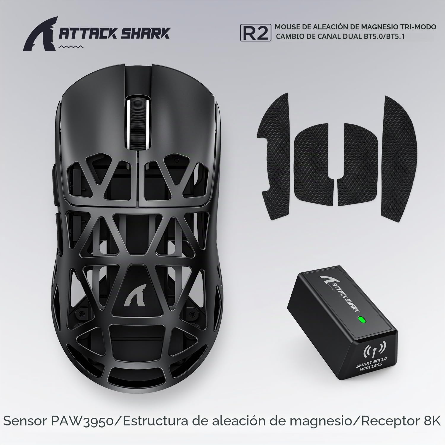 ATTACK SHARKratón de aleación de magnesio R2, PixArt PAW3950 Gaming Sensor, inalámbrico 8K, 48 g, BT/2,4 G, DPI 42000, Office Mice