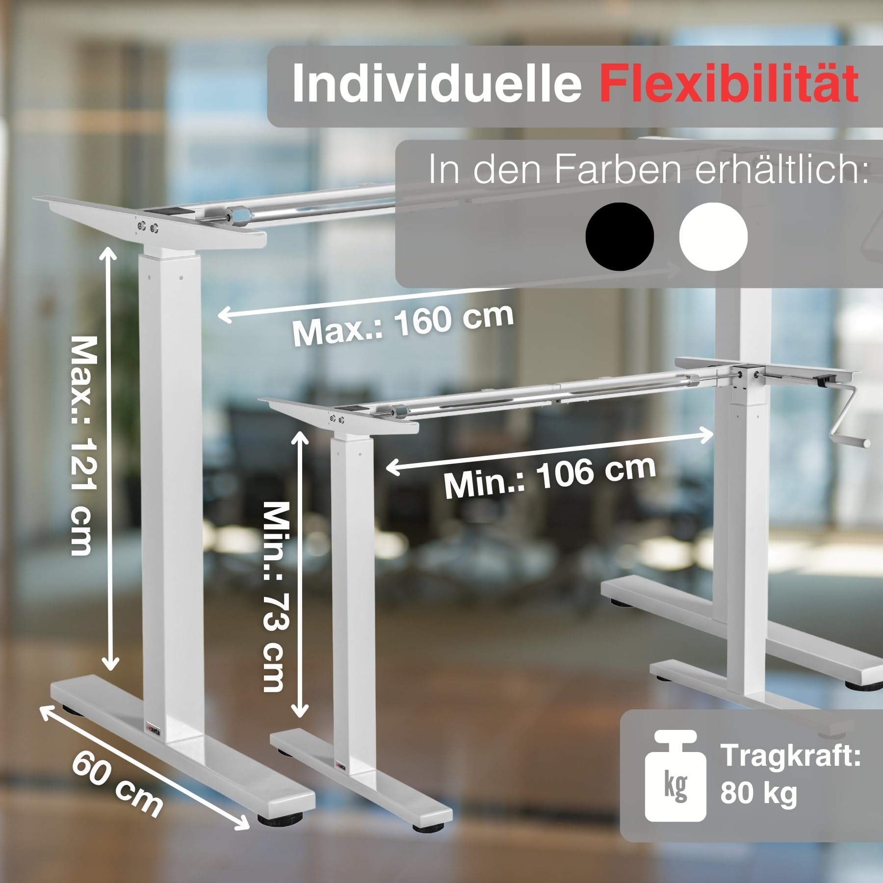 ergoM Schreibtischgestell höhenverstellbar mit Kurbel in schwarz I Tischgestell höhenverstellbar von 73-121cm I Höhenverstellbarer Schreibtisch manuell perfekt fürs Büro & Homeoffice (Weiß)