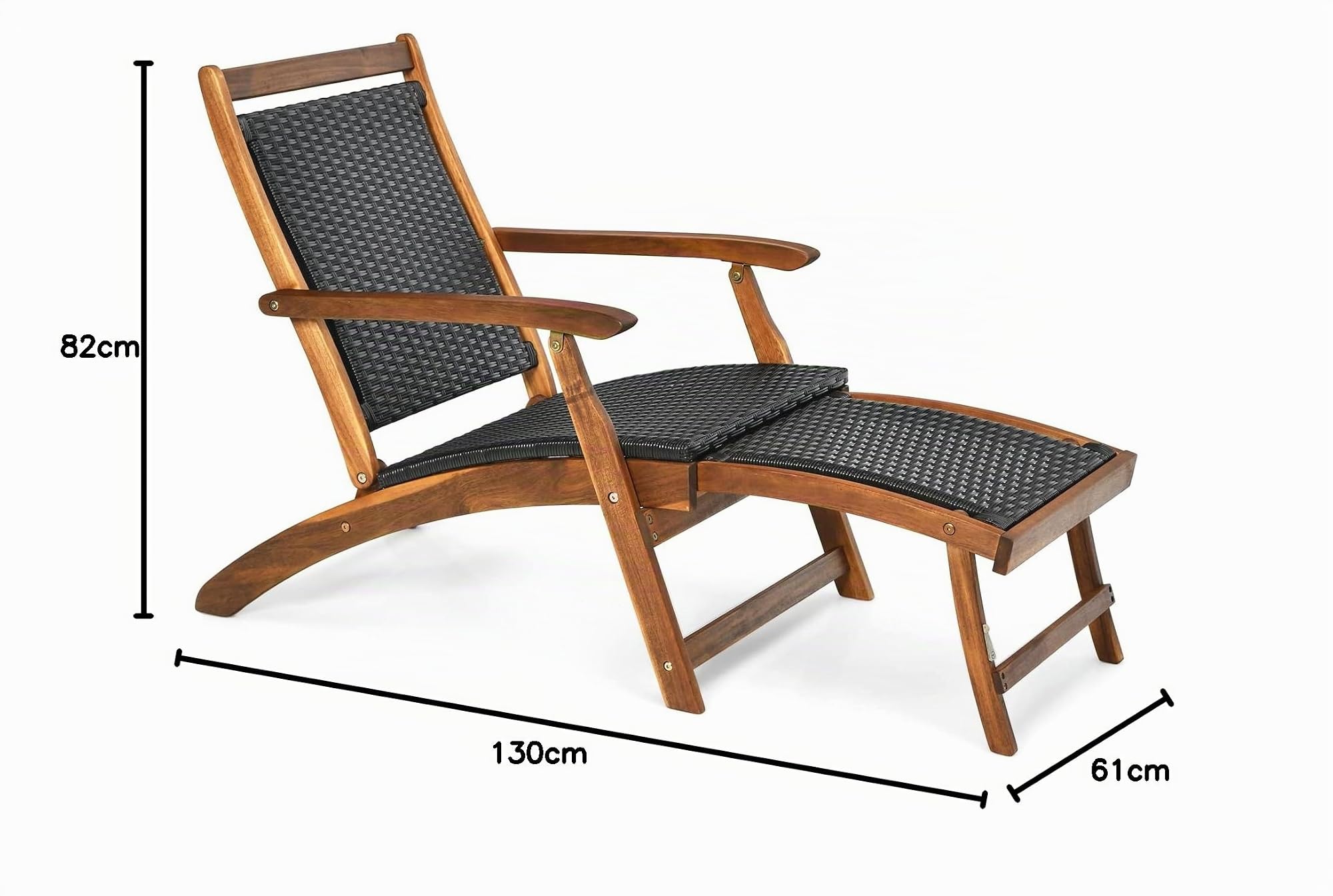LIFEZEAL Sdraio da Giardino in Legno di Acacia e Rattan, Lettino Prendisole con Poggiapiedi Telescopico, Trasformabile in Poltrona, per Giardino, Terrazza, Balcone, Nero e Naturale