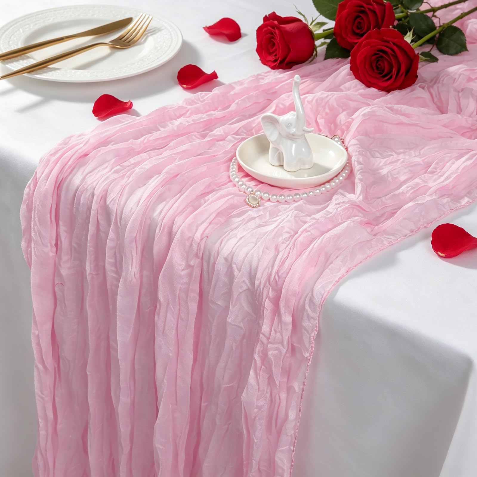 Minicoco 2 Pack Cheesecloth Table Runner,10FT Boho Gauze Sheer Crinkle Table Runner,Soft Lightweight Pre-Wrinkled Fabric for Wedding,Bridal Shower,Birthday Party,Dining Table Home Decor(Pink)