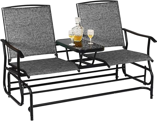 Giantex Silla deslizadora de banco de patio con marco de metal, mesa central de vidrio templado, doble mecedora exterior para porche, jardín,