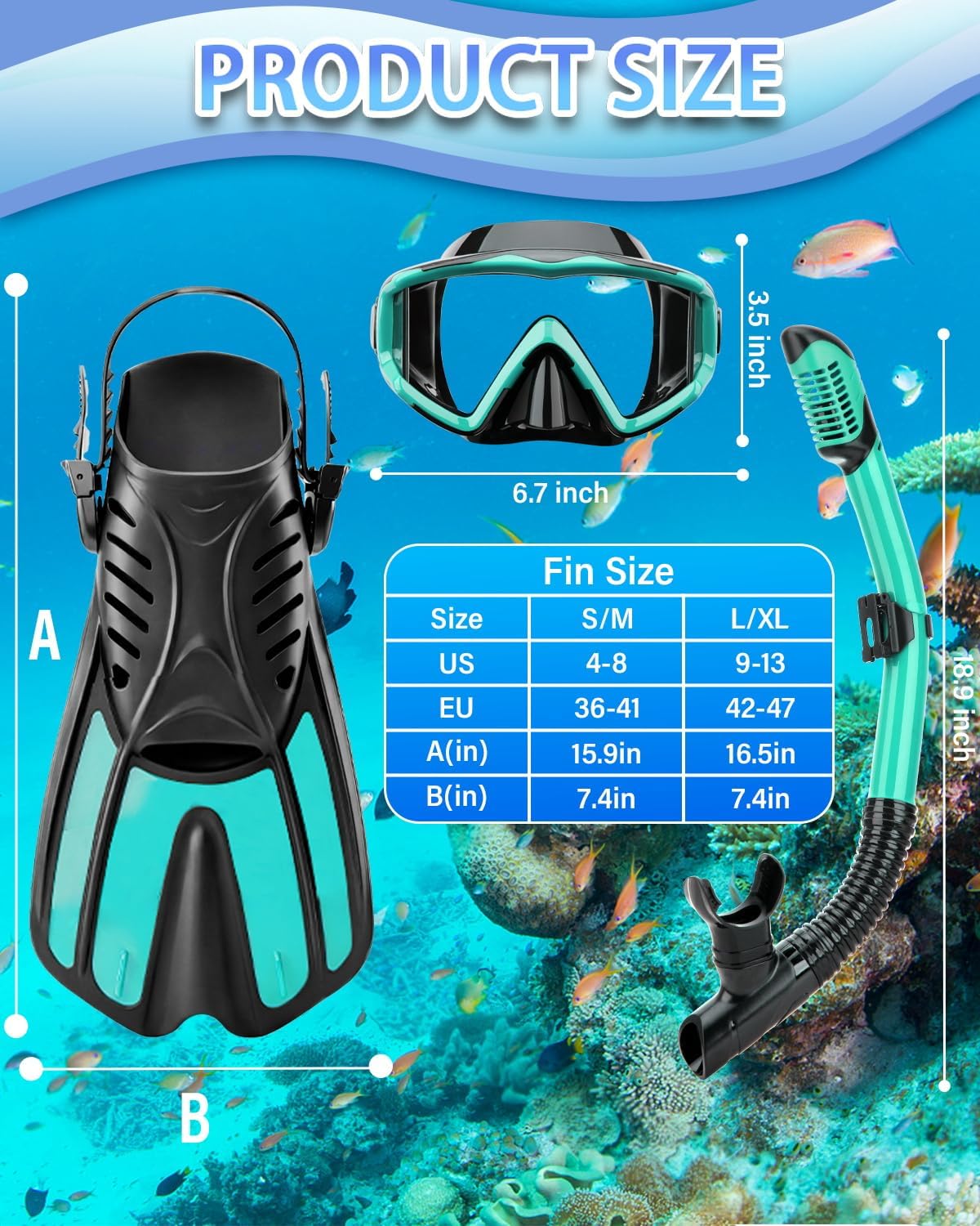 Snorkeling Gear for Kids Adults, 4 in 1 Snorkel Mask Fins Set with 3 Window Snorkel Mask, Dry Top Snorkel, Adjustable Short Fins and Mesh Bag, Anti-Leak & Anti-Fog Snorkel Gear for Snorkeling - Image 6