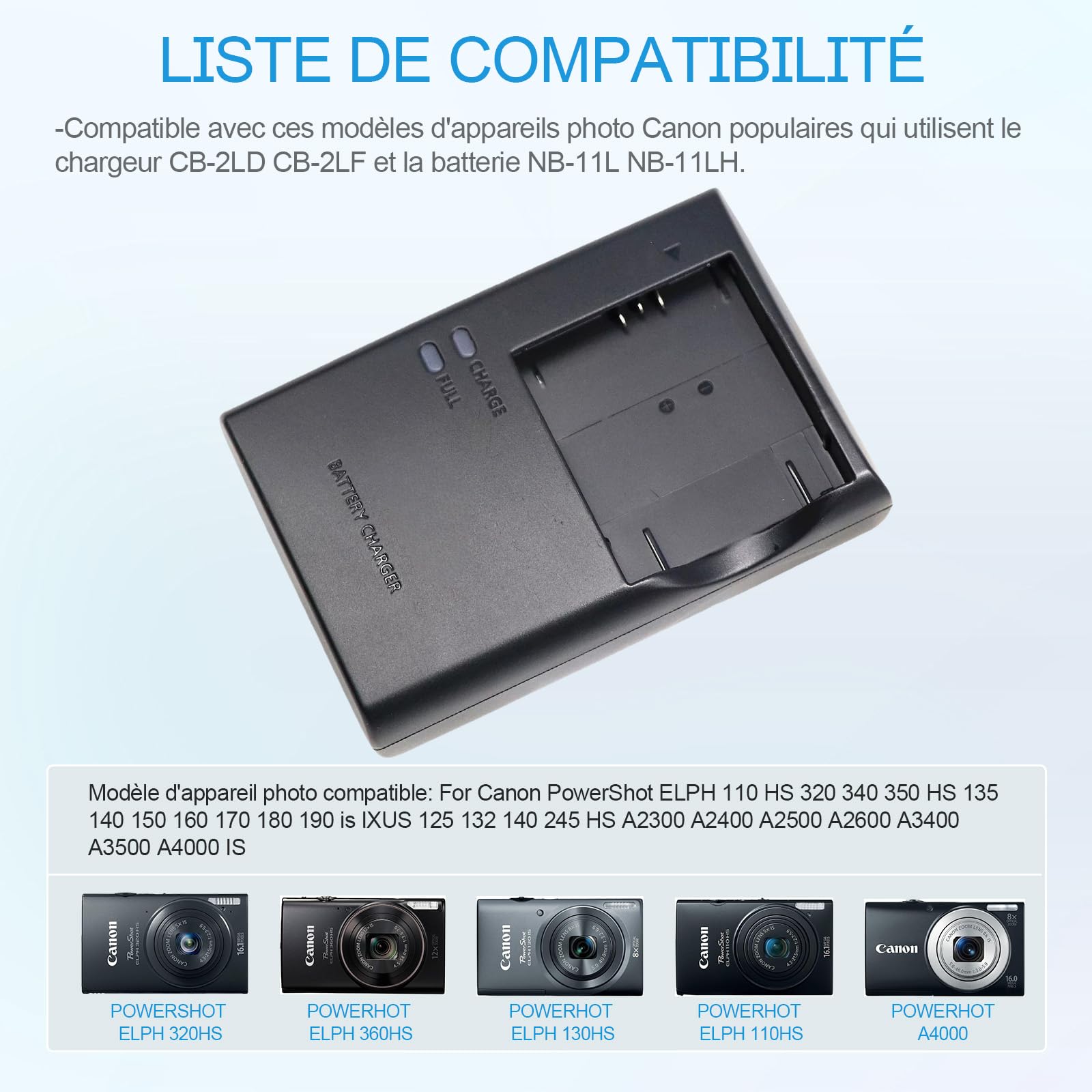 NB-11L NB-11LH CB-2LF Chargeur de Batterie Compatible Canon PowerShot Elph 360 HS,180 is,190 is,350 HS,110 HS,170 is,150 is,A2300,SX400 is,A2500, A3500 is, A4000 is Appareil Photo & 100cm AC Cord