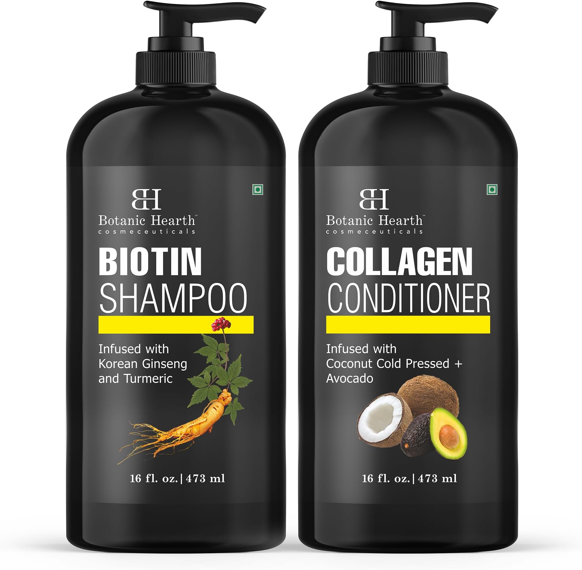 Botanic Hearth Biotin Shampoo and Conditioner with Collagen | Fights Hair Loss & with Korean Ginseng & Turmeric, Conditioner Promotes Hair with Avocado and Coconut | 16 fl oz x 2