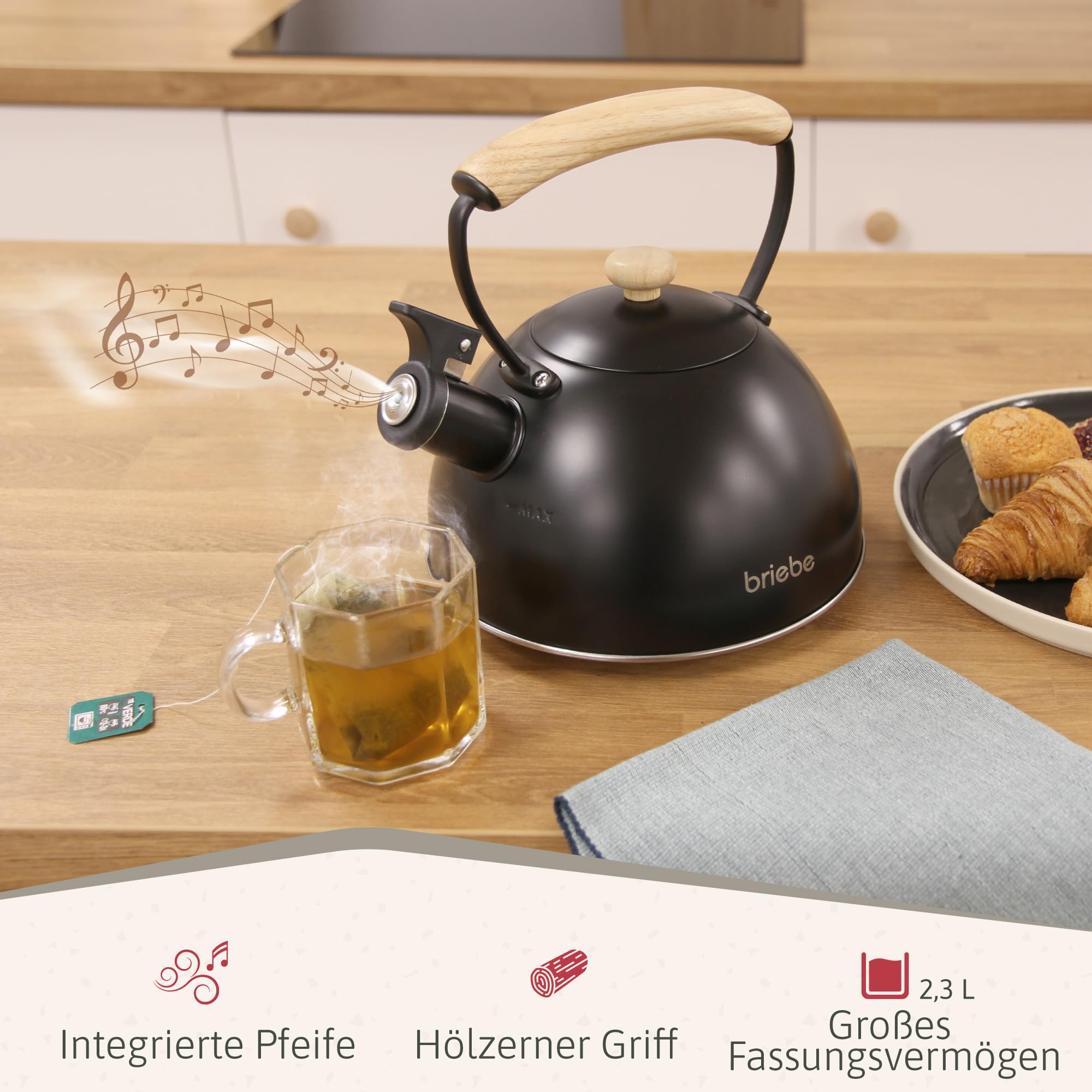briebe Nordic Wasserkessel Induktion 2,3L, Flötenkessel, Edelstahl Teekessel Retro Alle Herdarten, GlasKeramikherd, Gas, Elektroherd, Holzgriff Cool-Touch, für Tee Kaffee, Tea pot, Schwarz