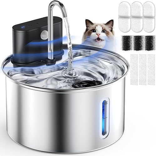Fuente de agua inalámbrica para gatos de acero inoxidable con sensor de 3.5L118 onzas, funciona con pilas, dispensador de agua automático