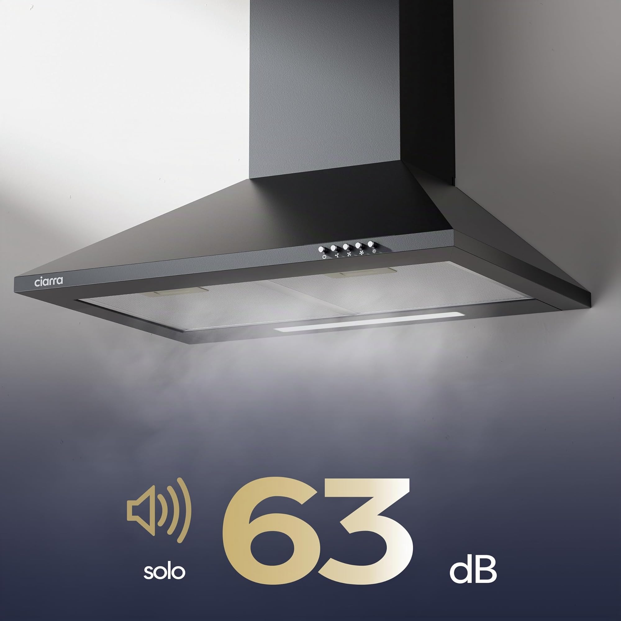 CIARRA CBCB6201 Cappa Aspirante Cucina 60 cm Classe A++ - Design Nero, 370 m³/h, 3 Livelli di Potenza, Montaggio a Parete con Filtro Carbone CBCF002X2