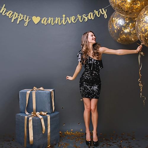 Miniatura 6 de LINGTEER Cartel de corazón con purpurina dorada de feliz aniversario, perfecto para decoraciones de fiesta de aniversario de boda.