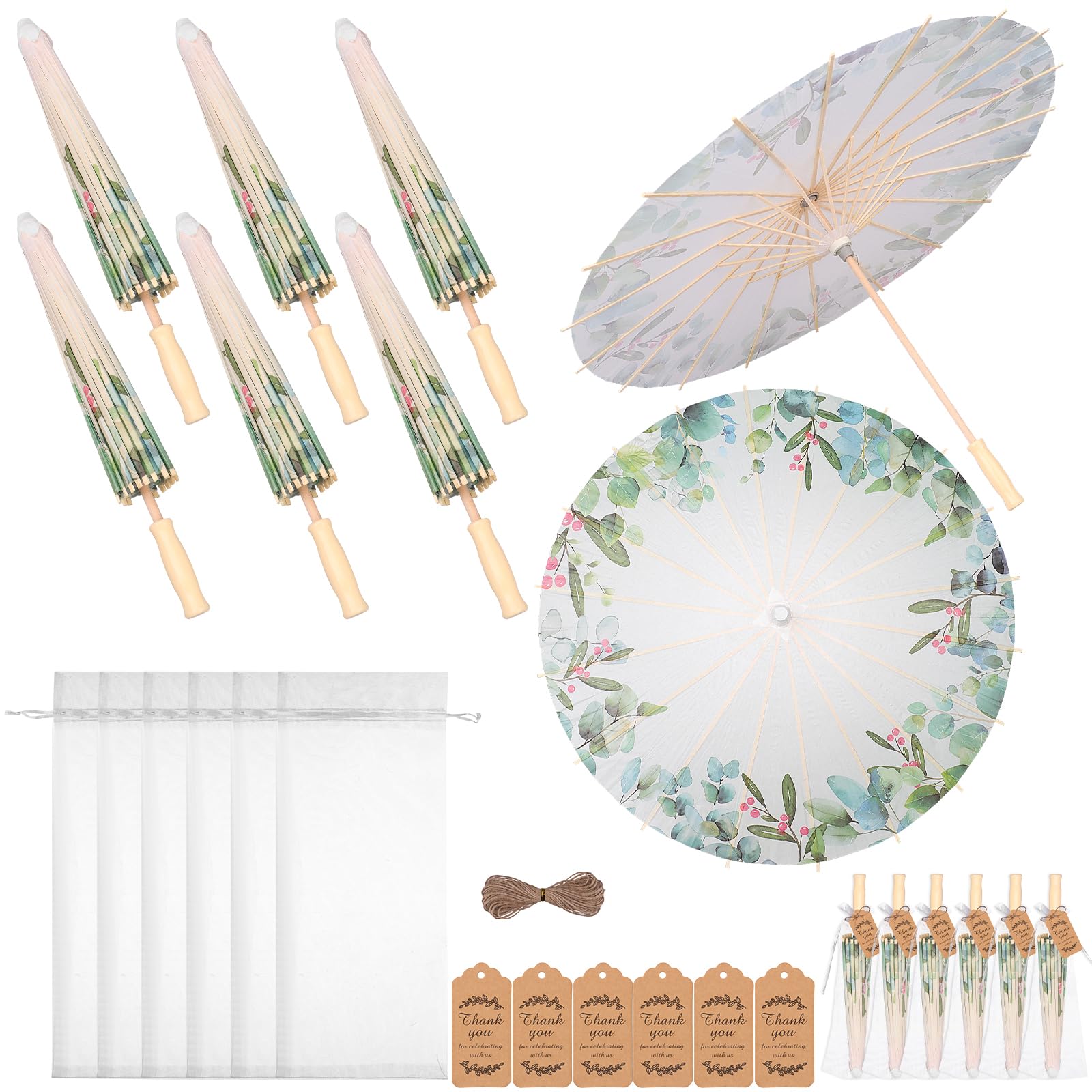6 Sets 60 cm Hochzeitspapier-Sonnenschirm-Set, Dankeskarten, weiße Kordelzugbeutel, Gastgeschenke, Eukalyptusblatt, chinesisch, japanisch, DIY, geöltes Papier, Regenschirm für Fotografie