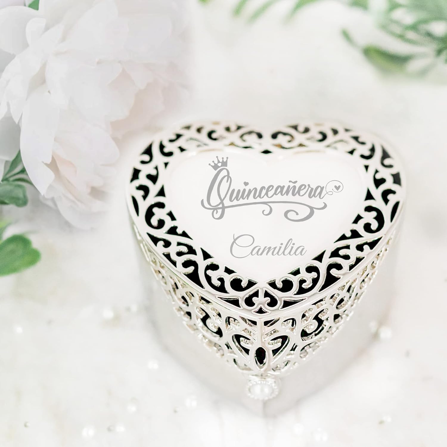 Cherished Moments Personalized Quinceanera Gift Filigree Heart-Shaped Jewelry Keepsake Box with Custom Engraved Name for 15-Year Old, Silver Toned