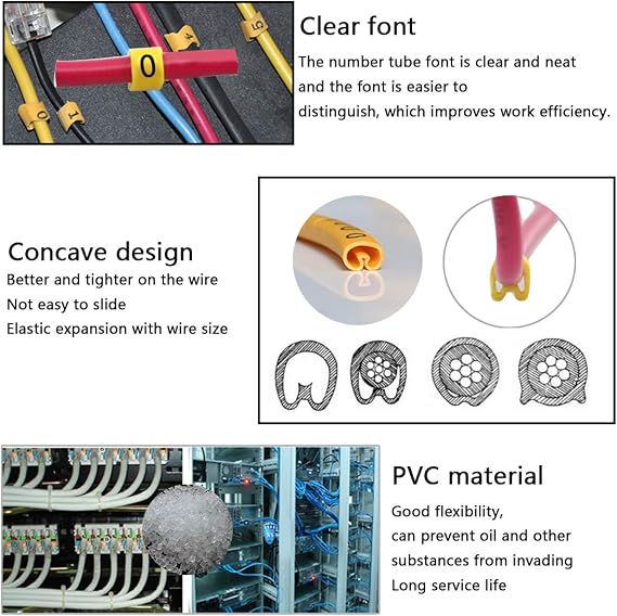 10 Rolls of 0-9 Number Tube,Yellow Flexible PVC Concave Cable Wire Markers Label Tag (6mm2)