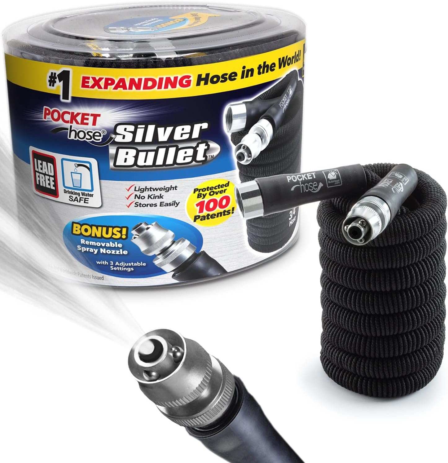 Pocket Hose Silver Bullet 25 ft Turbo Shot Nozzle Multiple Spray Patterns Expandable Garden Hose 3/4 in Solid Aluminum Fittings Lead-Free Lightweight and No-Kink