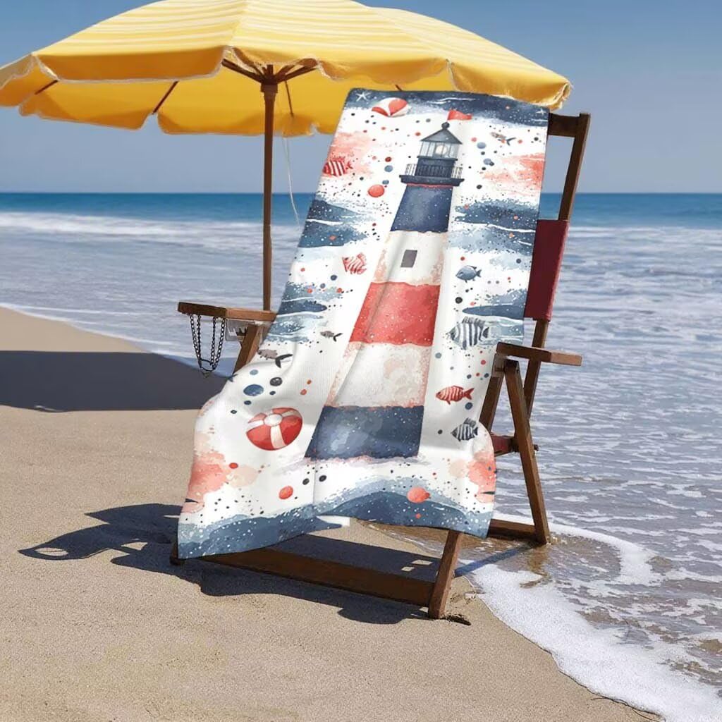 Toalla de Playa Grande 220x100cm/35x70cm, Juego de 2 Toalla Microfibra XXL de Antiarena, Toallas Playa Suave Ligera, Absorbente Secado Rápido, Beach Towel Viaje Yoga, Regalo Mujer Hombre (Faro) J-49