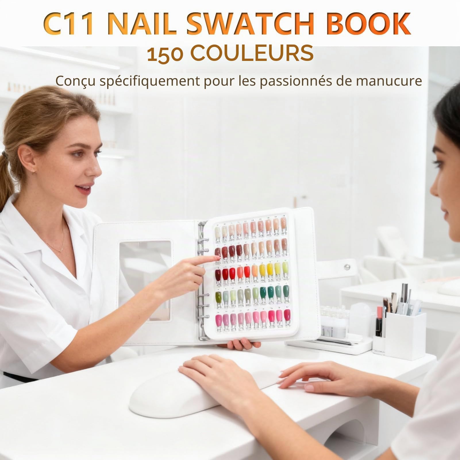 Nuancier de 150 couleurs pour nail art, nuancier de 150 couleurs pour ongles, nuancier d'échantillons d'ongles, couverture en cuir PU avec faux ongles blancs pour salon de beauté à domicile.
