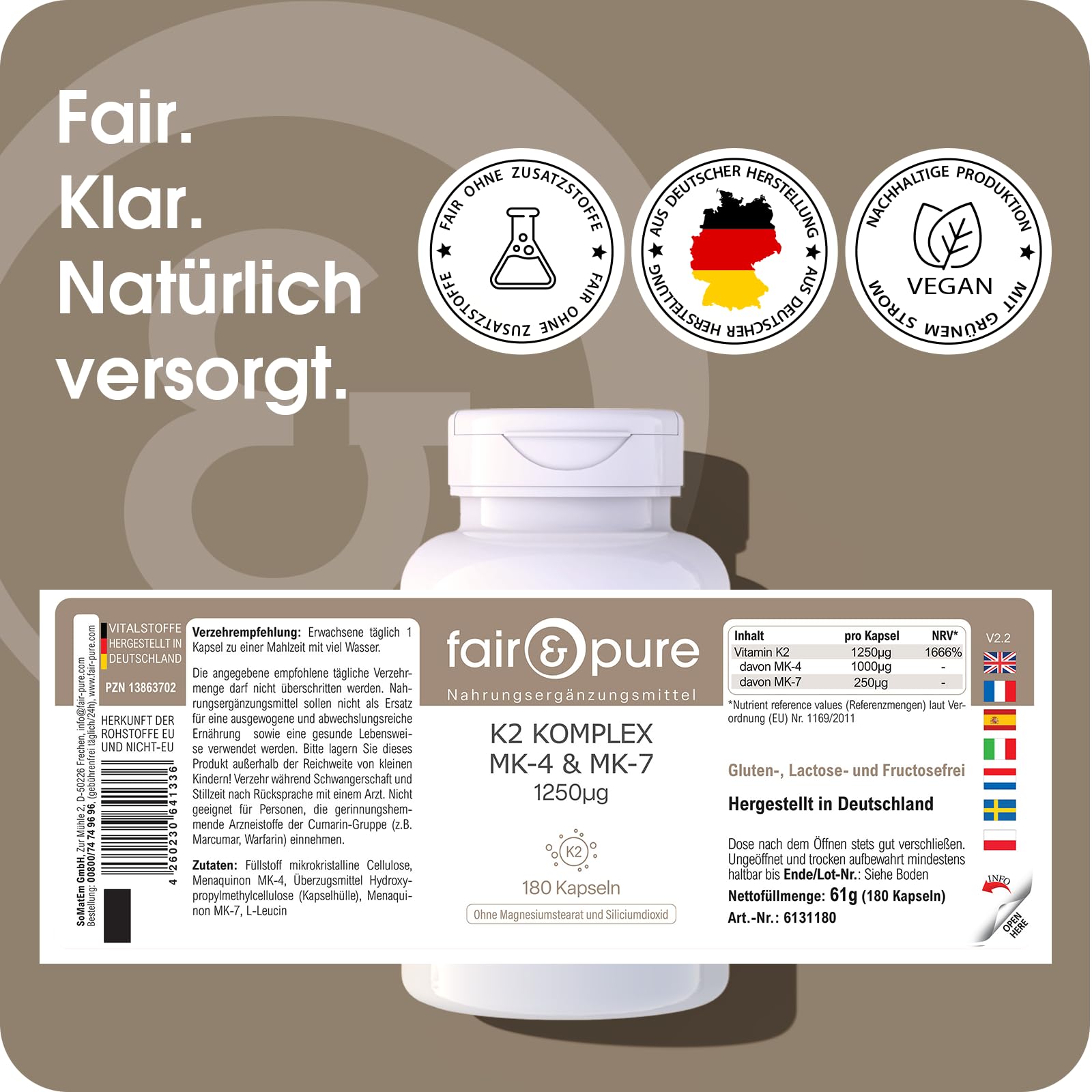Fair & Pure Vitamin K2 Komplex 1250μg MK-4 & MK-7, 180 Kapseln, schluckfreundlich, hochdosiert, Nahrungsergänzungsmittel vegan ohne Magnesiumstearat, in Deutschland hergestellt