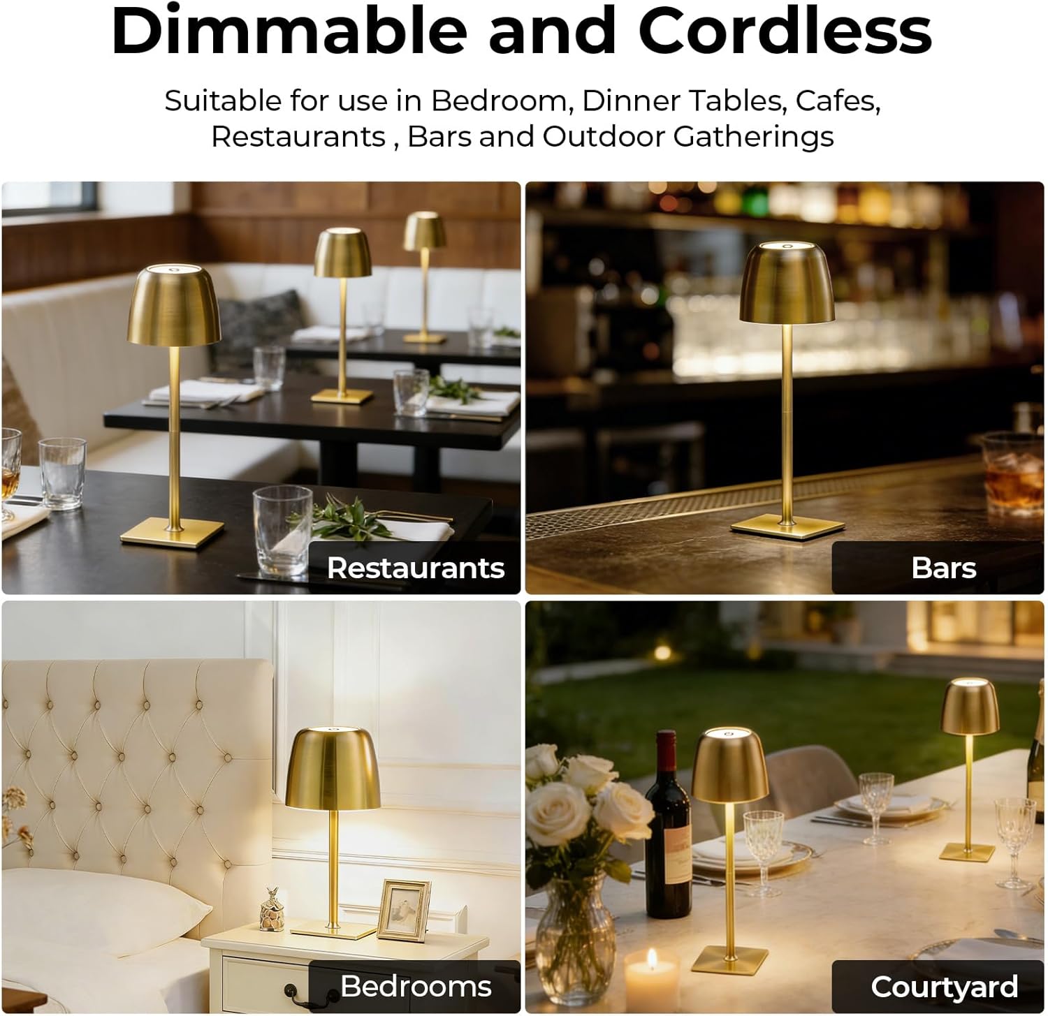Cordless Table Lamp Rechargeable: Metal & Acrylic 5200mAh Long-Lasting 3 Color Temperatures & Stepless Dimming for Bedroom Restaurant Cafe Bar and Outdoor Gold