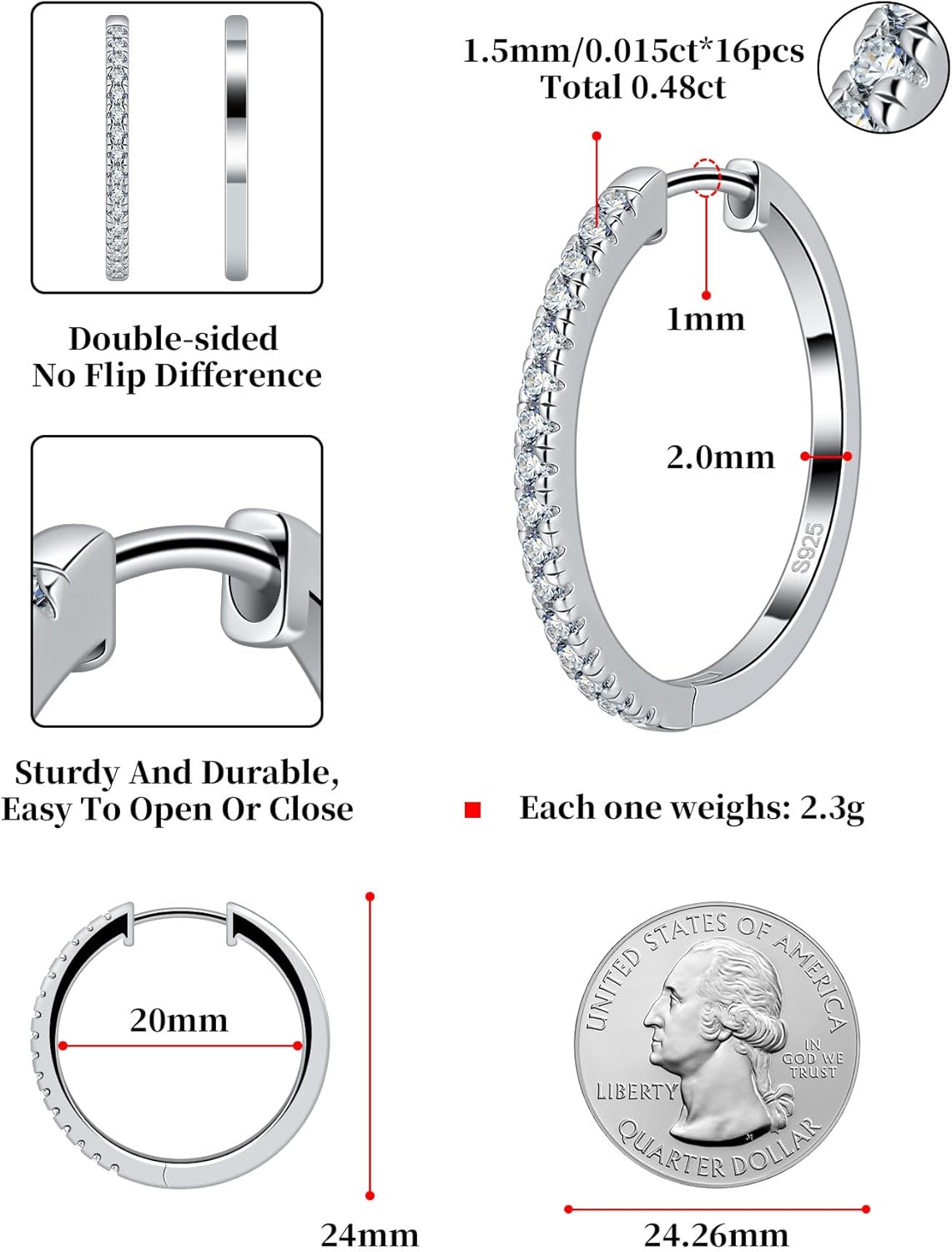 GETLOVE Moissanite Hoop Earrings for Women S925 Sterling Silver Channel Set 18K White Gold Plated Hypoallergenic Large Thick Huggie Loops Lightweight Moissanite Earrings 15-30mm