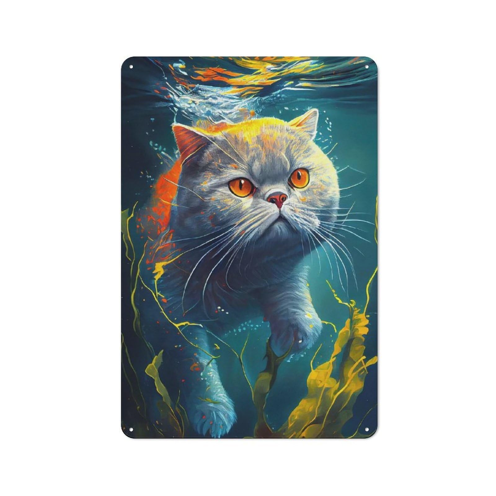 Junmoney Underwater Cat 2 Metal Sign 30X20cm With For Workshop Wall, Vintage Decor, A Decorative Christmas Gift For Metal Sign Collectors