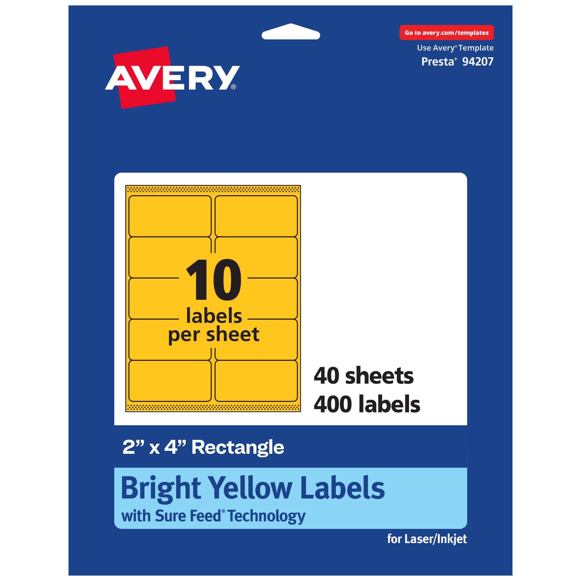 Avery Printable Rectangle Labels, Sure Feed Technology, 2" x 4", Bright Yellow Labels, Laser/Inkjet Printable, 400 Total, Great for Mailing and