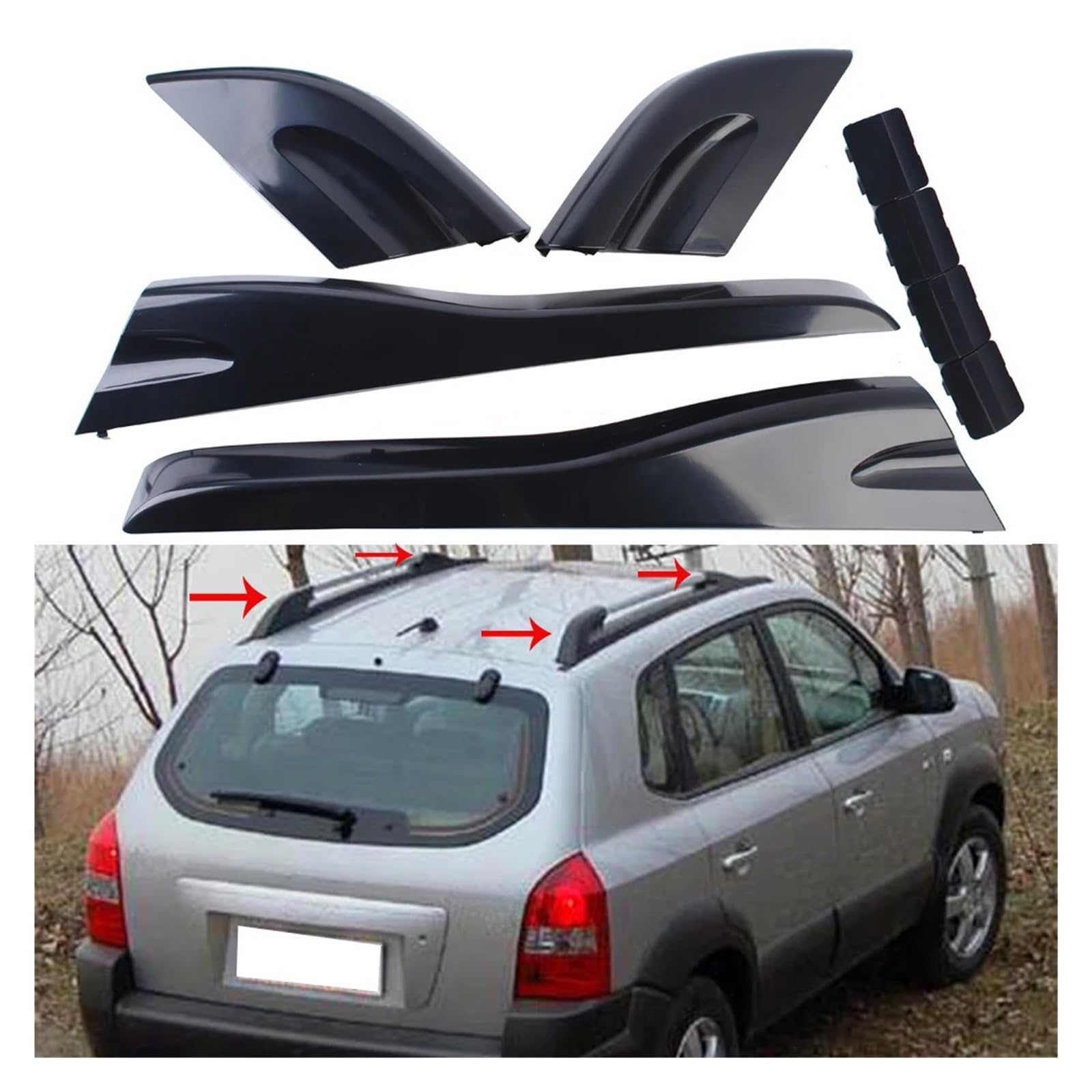 8 szt. pokrowców na bagażnik dachowy, pasuje do Hyundai Tucson 2004-2008, plastikowa osłona koniec belki bagażnika dachowego, czarna Osłona końcowa bagażnika dachowego