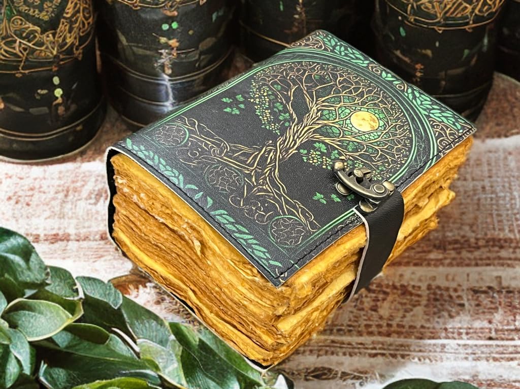 400 Page Fat Grimoire Leather Journal – Tree of Life Embossed Blank Spell Book of Shadows, Vintage Leather Sketchbook, Celestial Writing Notebook Gifts for Him & Her