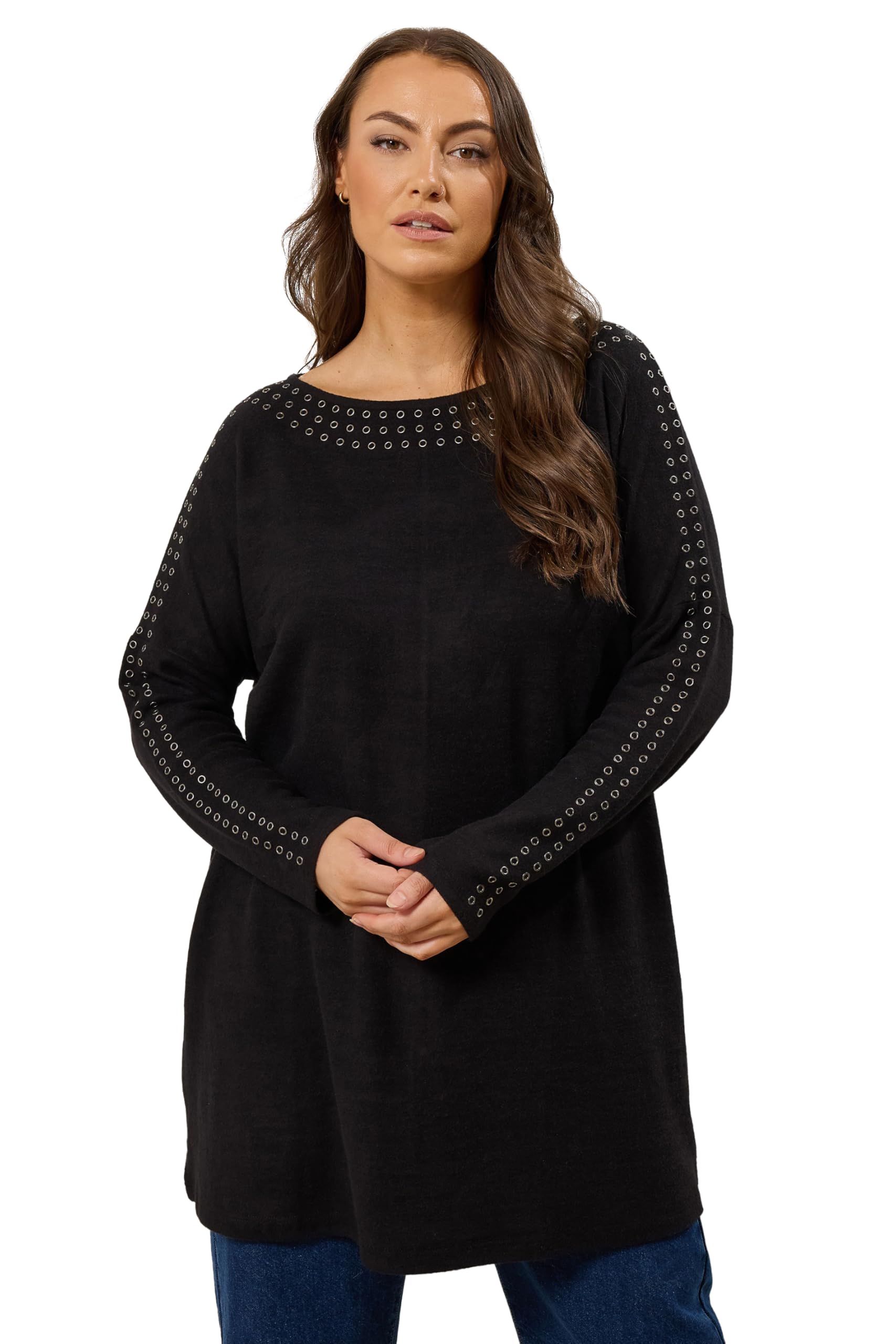 Evans Women's Charcoal Curve Grey Eyelet Sleeve Jumper - Plus Size Curve