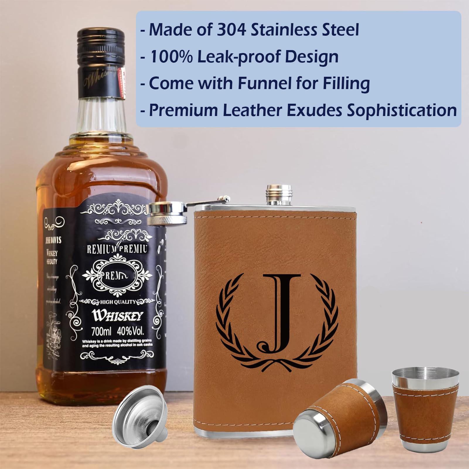 Personalized Monogrammed Liquor Flask for Men - Stainless Steel, Leather, Leak-Proof Design | 8 oz Hip Flask with Funnel & Cups | Ideal for Groomsmen Proposal Gift, Father's Day & Birthdays - J