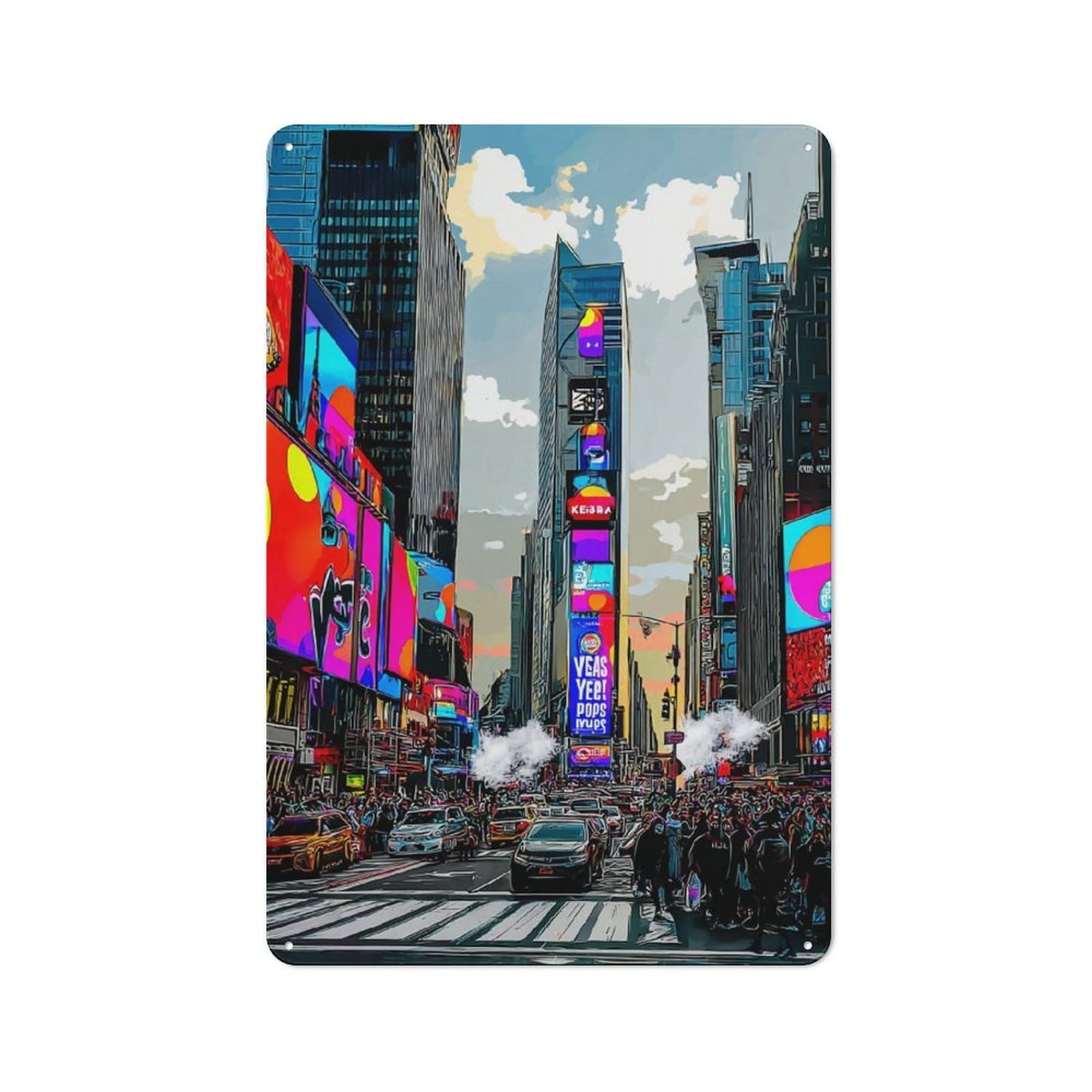 Junmoney Vibrant Cityscape With Neon Signs Vintage Metal Wall Art Sign 30X20cm Featuring Old Style Wall Plaque For Kitchen, Hallway, Bar Or Small Cafe
