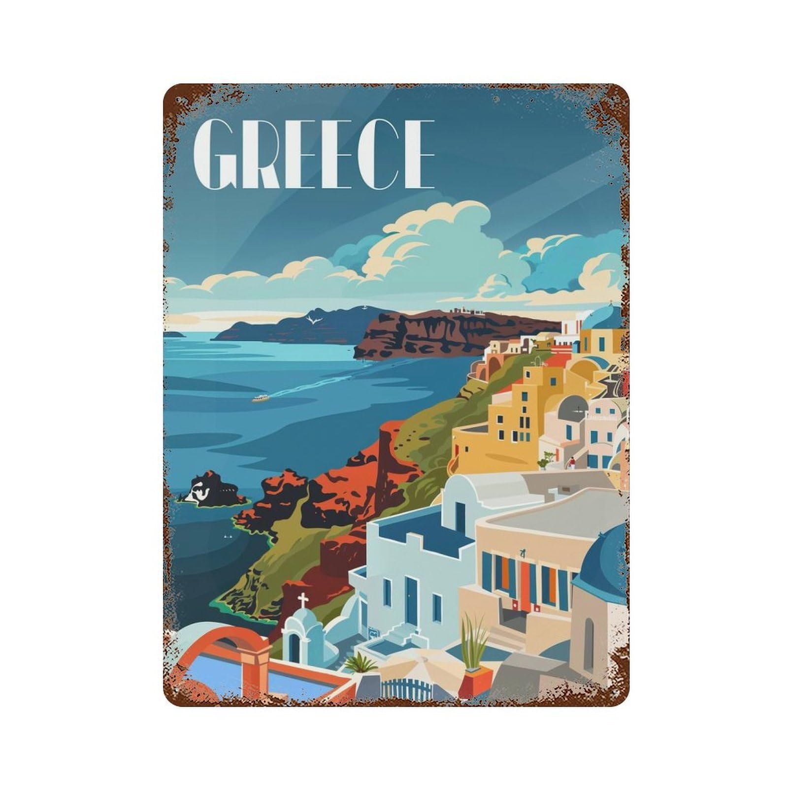 Rust Effect Grecian Coastline Decorative Tin Sign 15.7"x11.8", Rustic Home Decor for Cafe, Home Bar And Lounge Decor