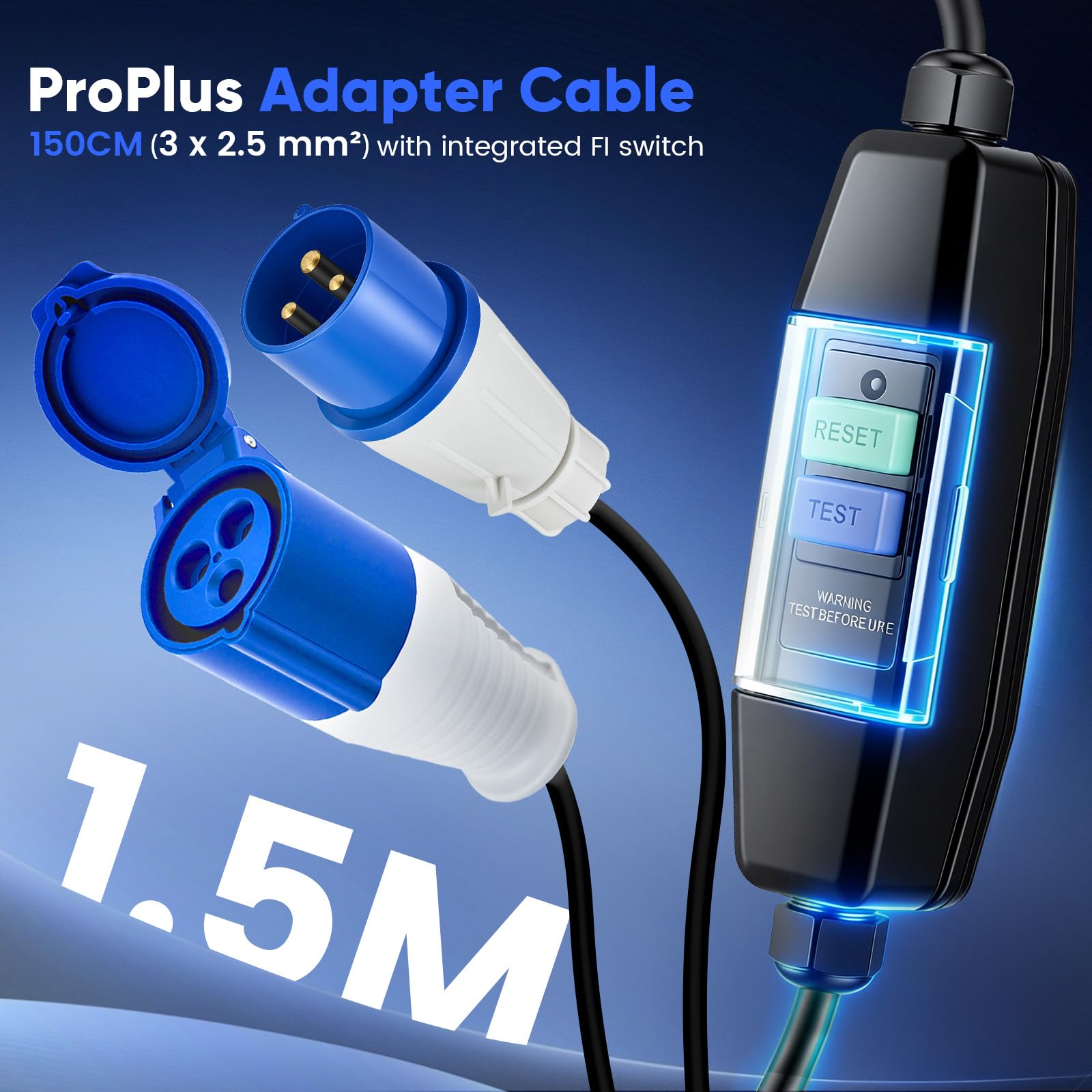 Câble Adaptateur 1.5m Schuko vers CEE avec Disjoncteur Différentiel Intégré