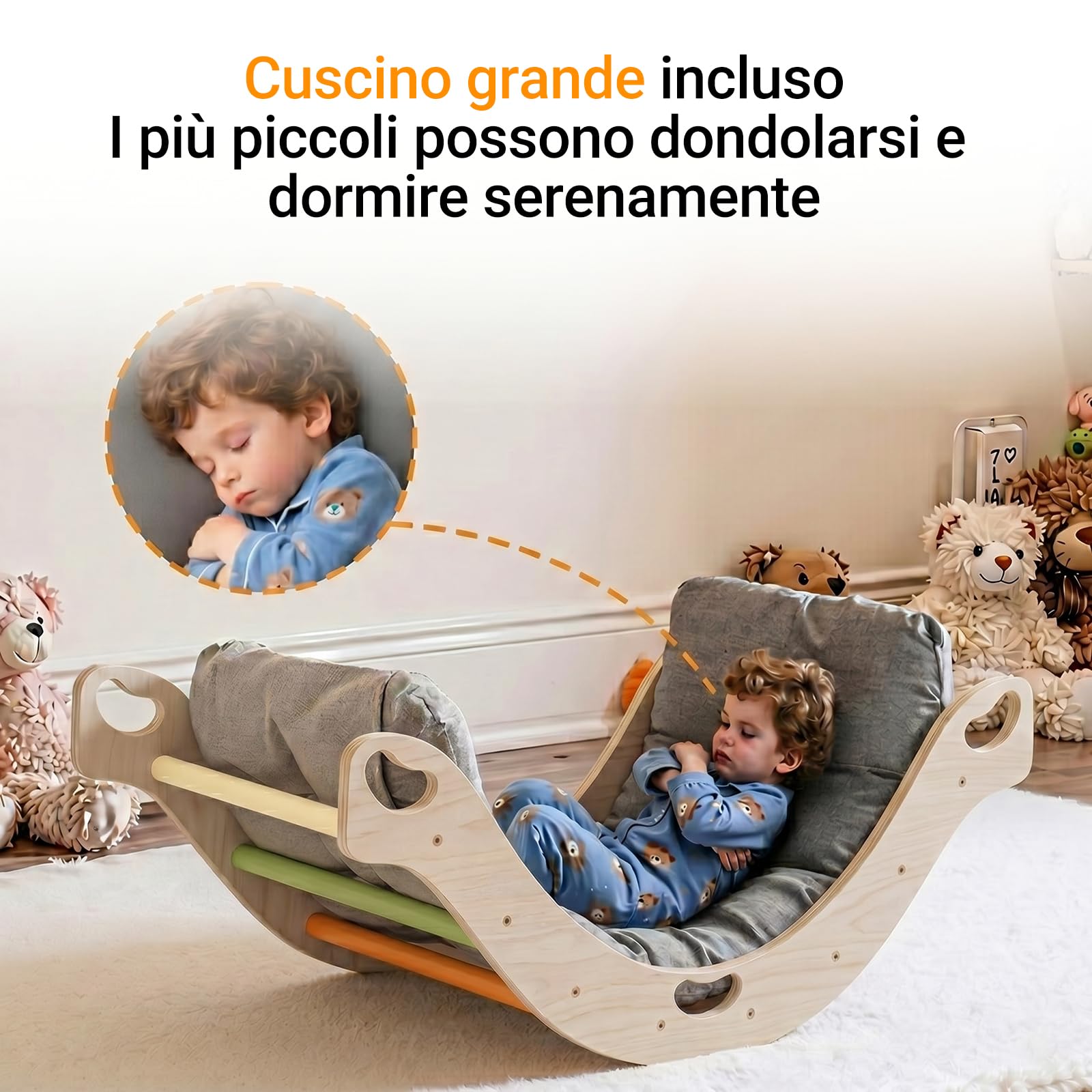COSYLAND Arco Montessoriano per Bambini in Legno Naturale, Arco Montessori con Cuscino e 8 Maniglie, 4 in 1 Wippe, Scrivania, Giocattolo Educativo per Equilibrio e Motricità (Arcobaleno Classico)