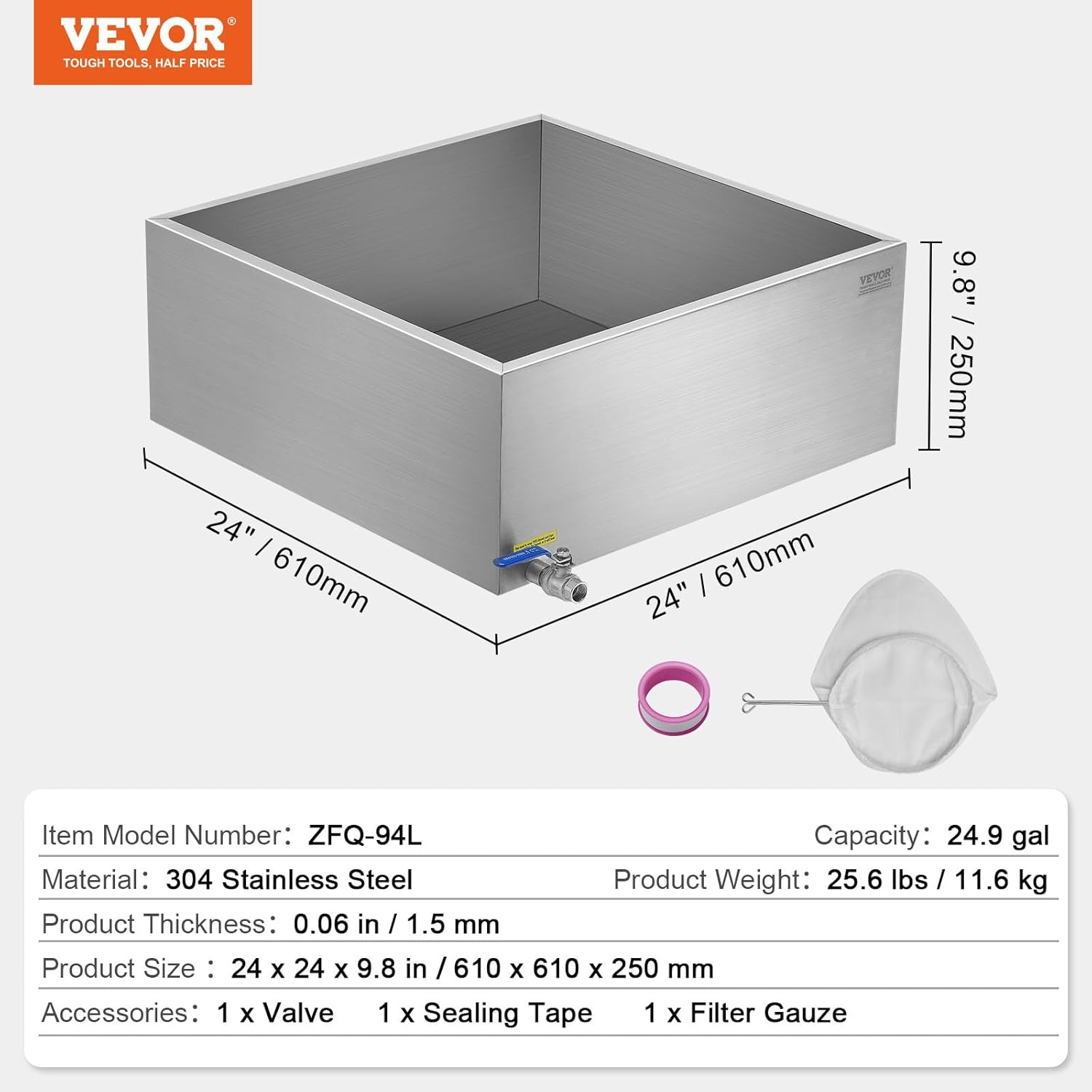 VEVOR Maple Syrup Evaporator Pan, 24.9 Gal, 24 x 24 x 10 Inch Maple Syrup, 304 Stainless Steel Maple Syrup Pan, Evaporator Pan with 1 Valve and 3 Heating Methods, for Home, Outdoor